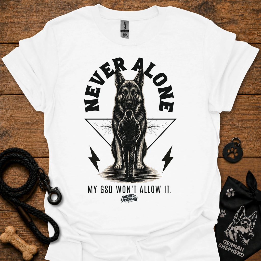 White T-shirt with German shepherd graphic and bold "Never Alone" text front