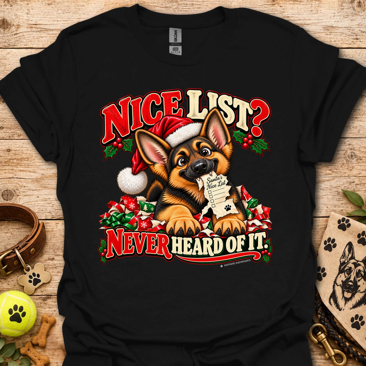 Black t-shirt with Santa dog graphic and "Nice List? Never Heard of It" text