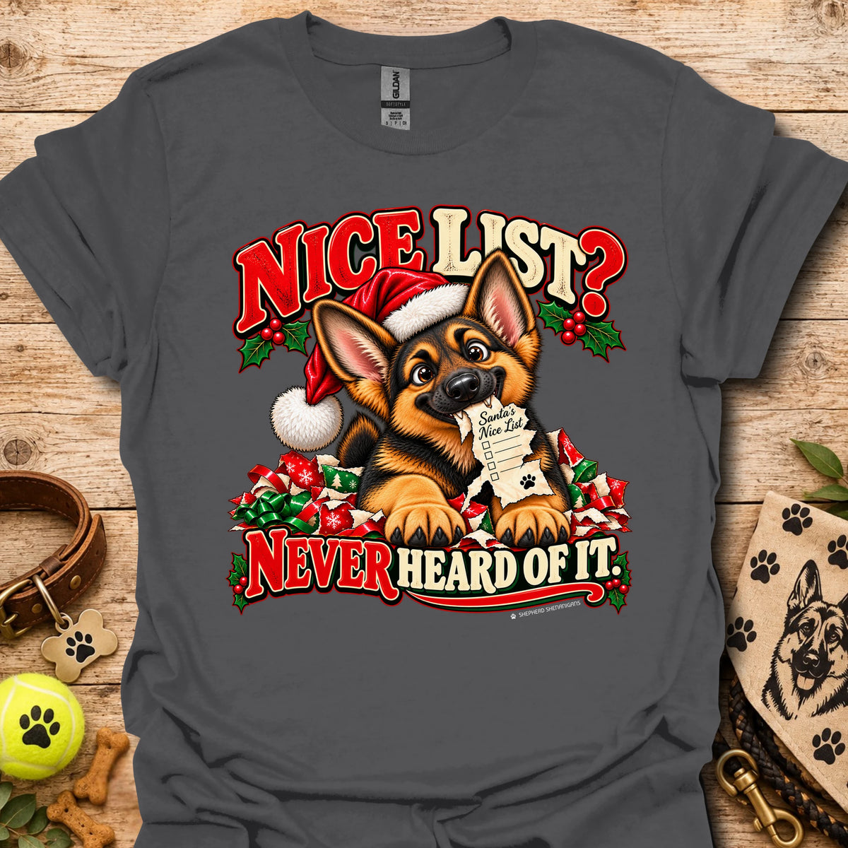 Charcoal t-shirt with Santa dog graphic and "Nice List?" text