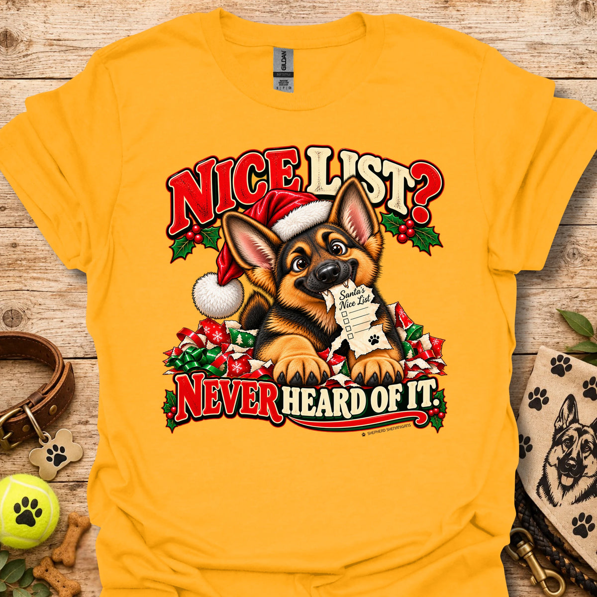 Gold t-shirt with Santa dog graphic and "Nice List? Never Heard of It" text