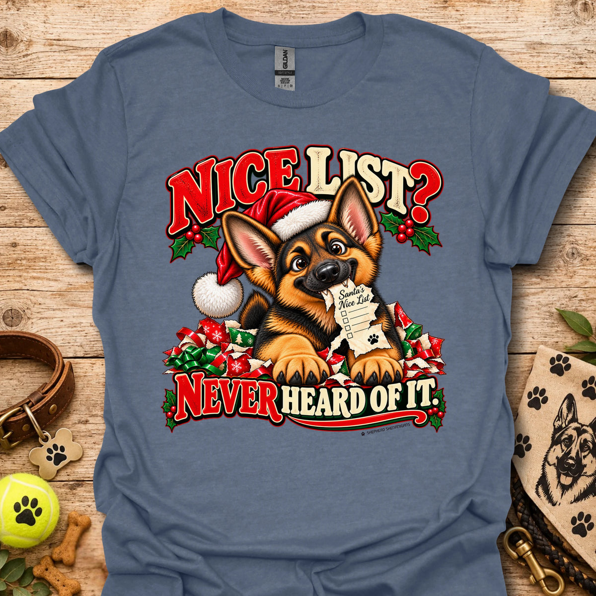 Heather indigo t-shirt with Santa dog graphic and "Nice List?" holiday text