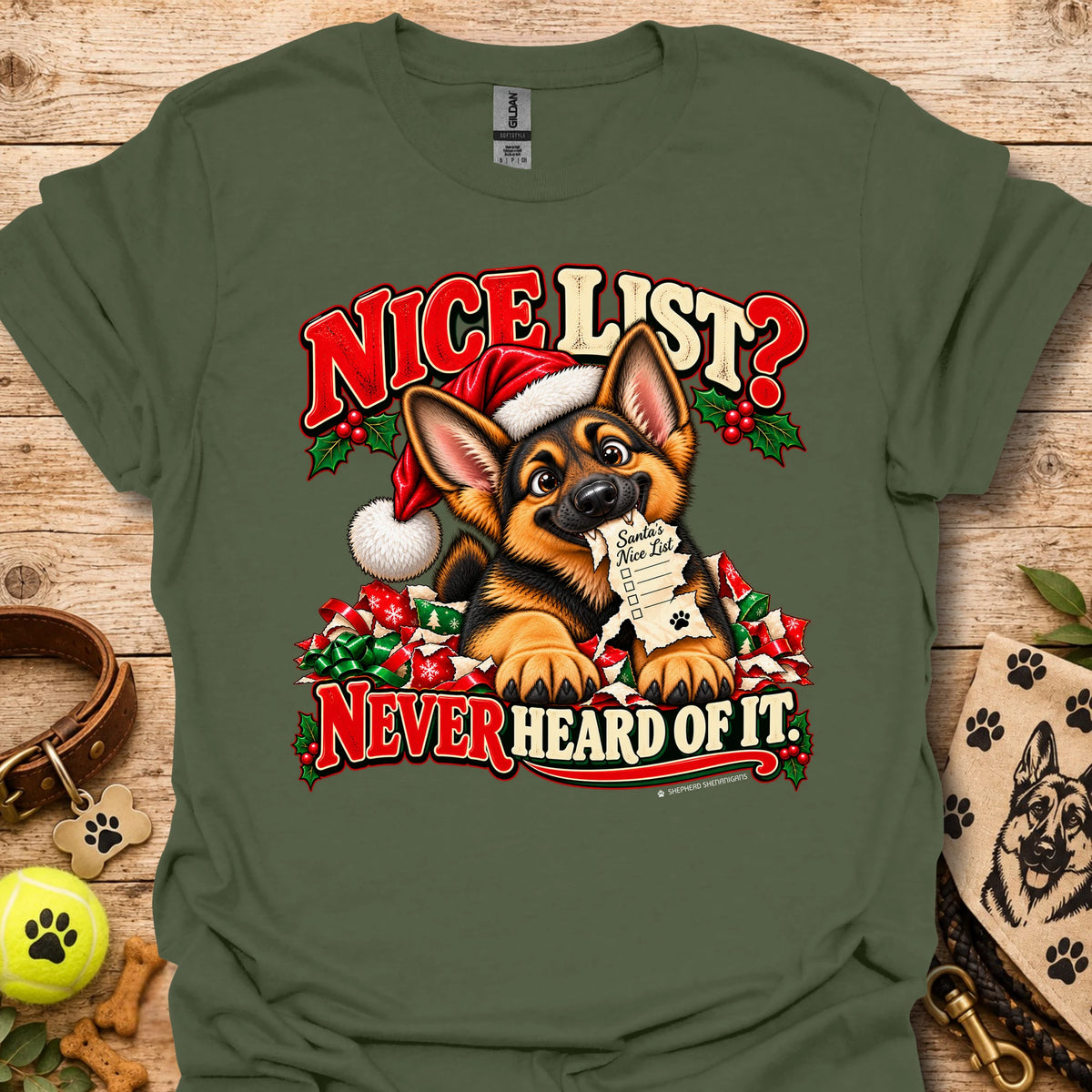 Military green t-shirt with Santa dog graphic and "Nice List?" holiday text