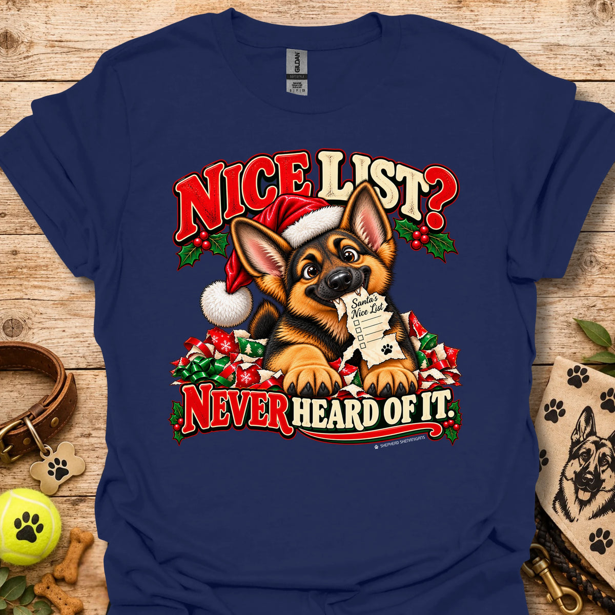 Navy t-shirt with Santa dog graphic and "Nice List? Never Heard of It" text