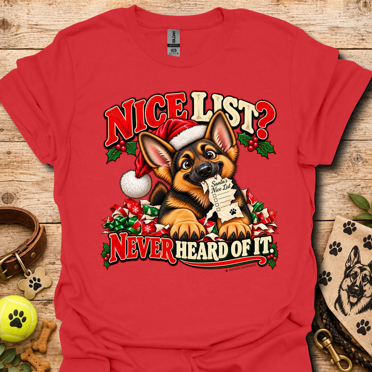 Red t-shirt with Santa dog graphic and "Nice List? Never Heard of It" text