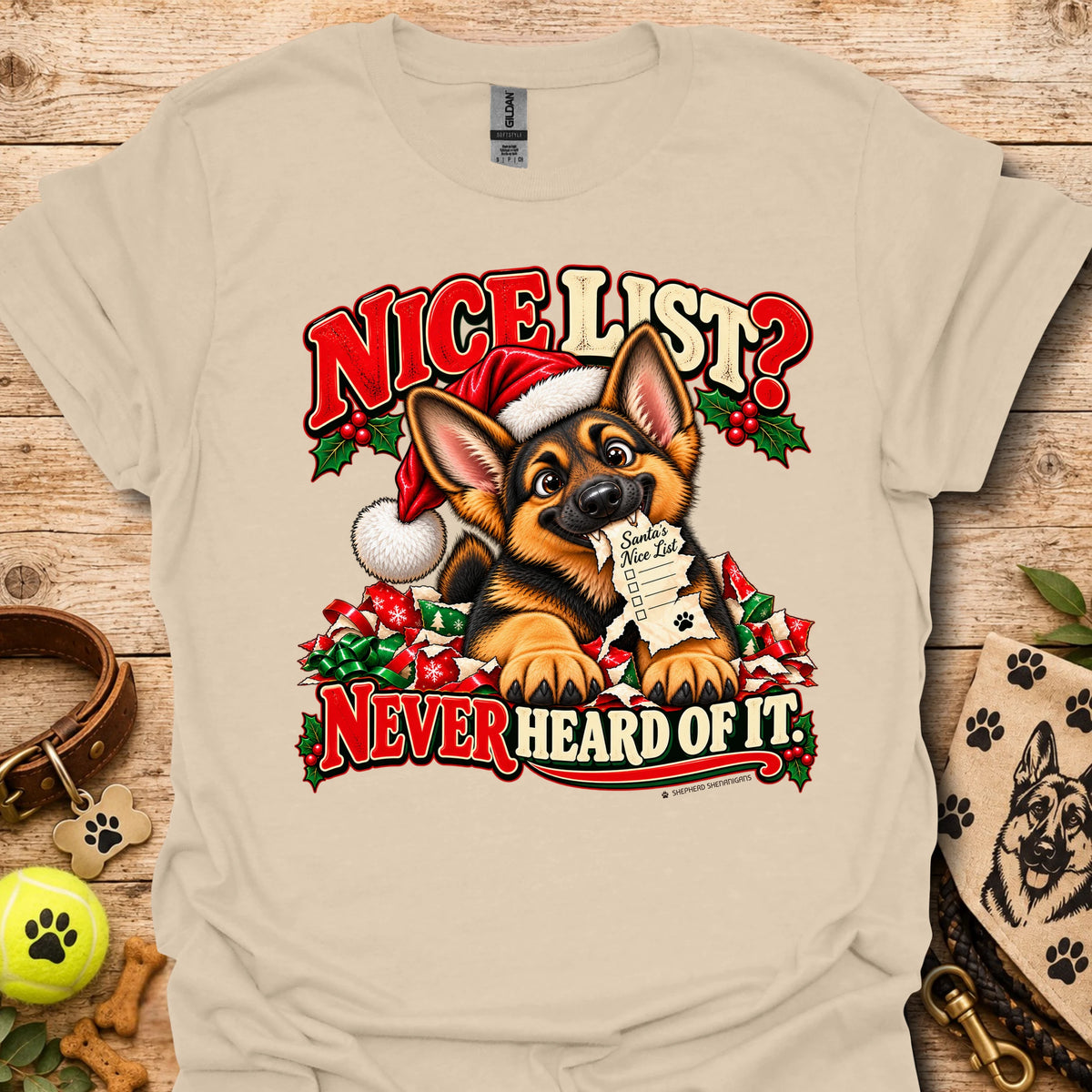 Sand t-shirt with Santa dog graphic and "Nice List? Never Heard of It" text