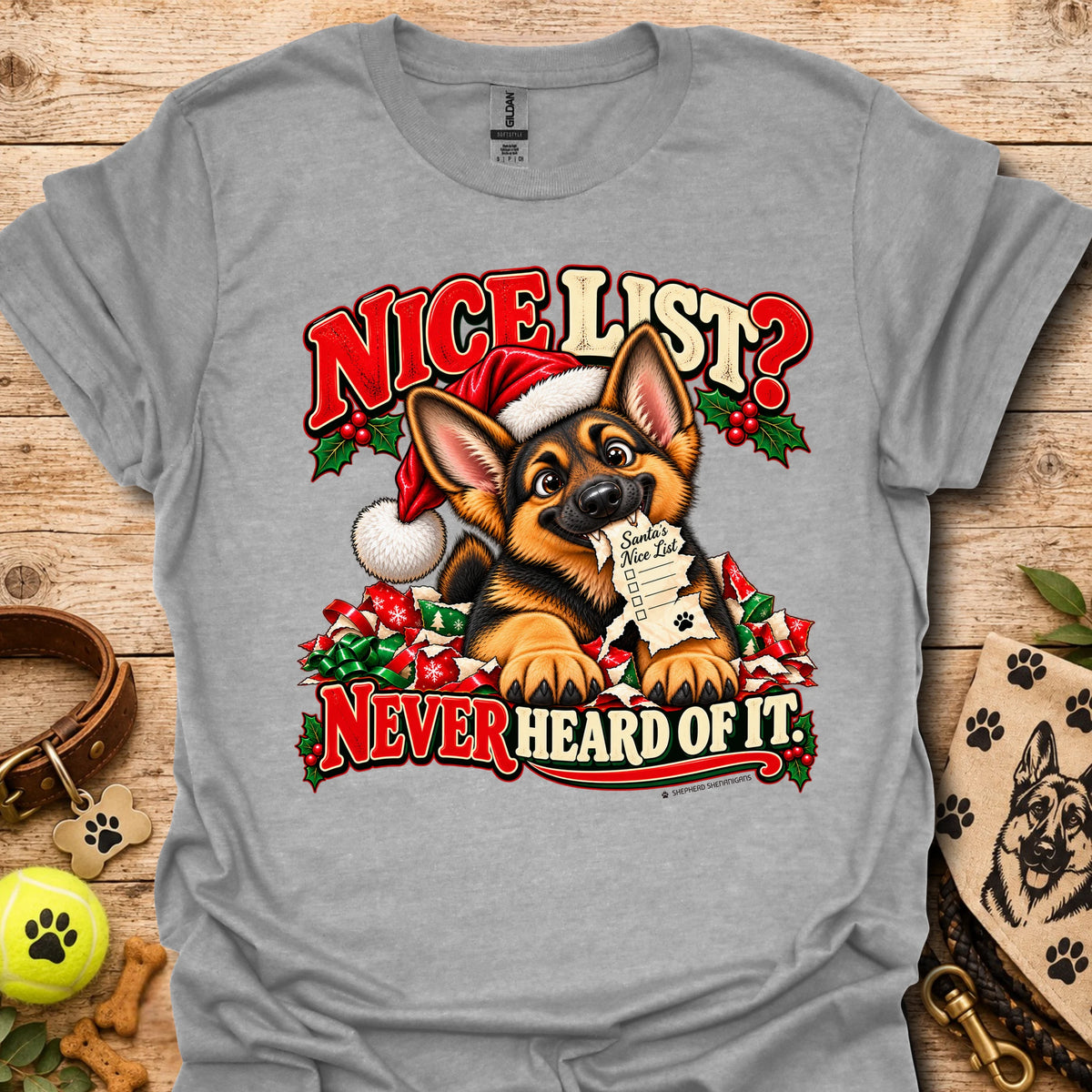 Heather gray t-shirt with Santa dog graphic and "Nice List?" holiday text