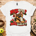 White t-shirt with Santa dog graphic and "Nice List? Never Heard of It" text