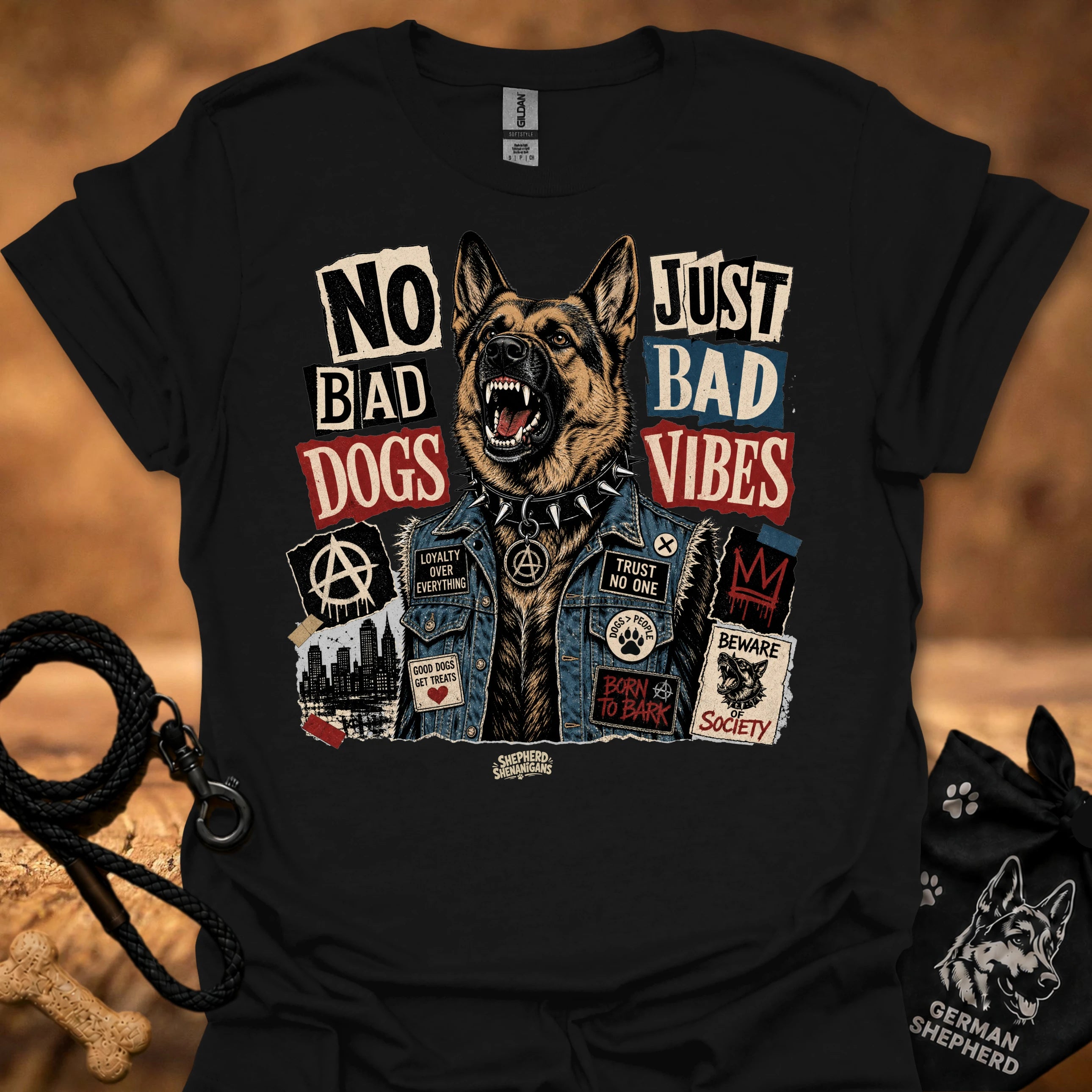 Black graphic t-shirt with German shepherd and text 'No Bad Dogs, Just Bad Vibes'.