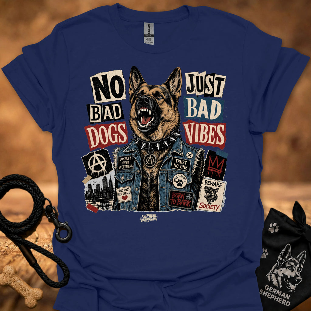 Navy graphic t-shirt with German shepherd and text 'No Bad Dogs, Just Bad Vibes'.