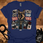 Navy graphic t-shirt with German shepherd and text 'No Bad Dogs, Just Bad Vibes'.