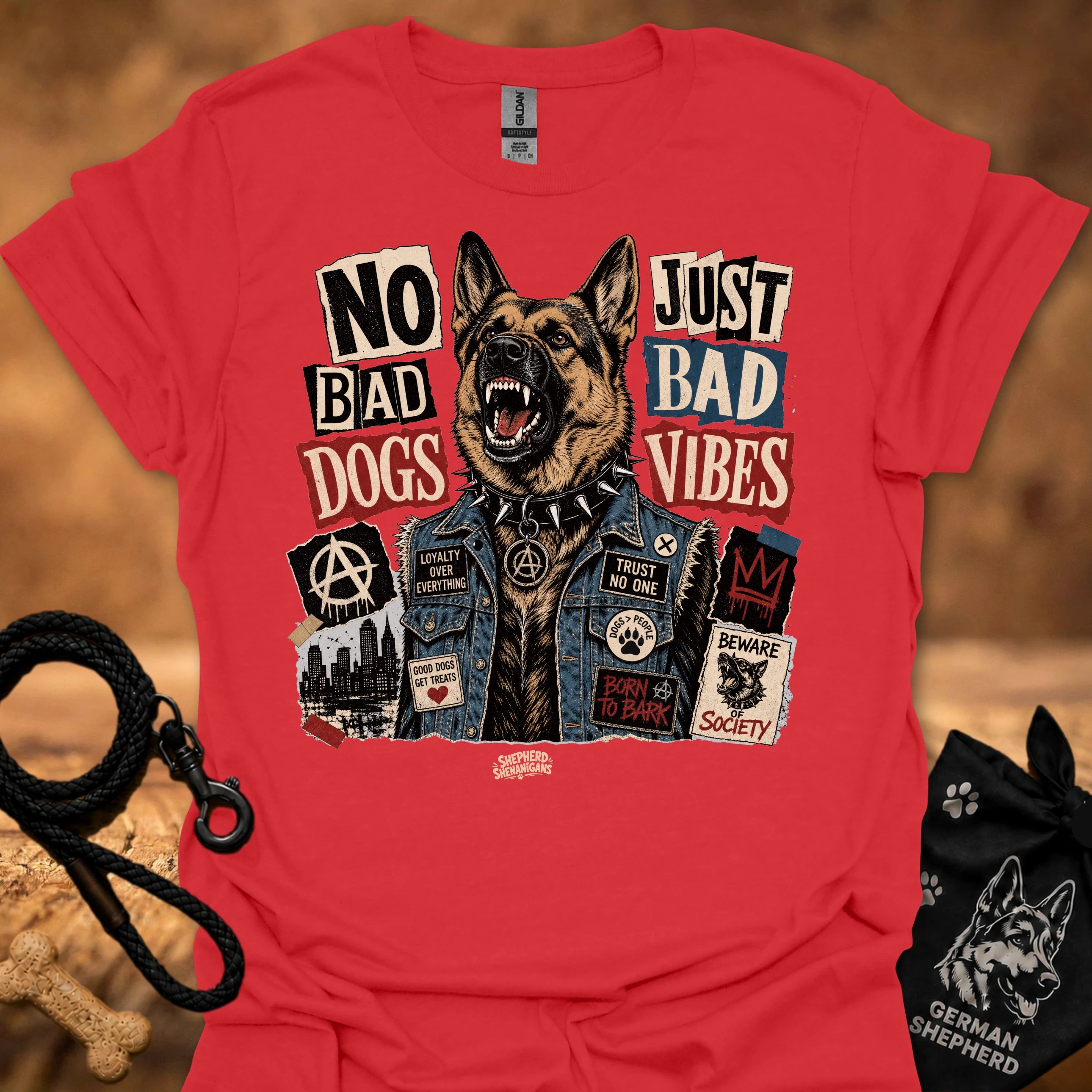 Red graphic t-shirt with German shepherd and text 'No Bad Dogs, Just Bad Vibes'.
