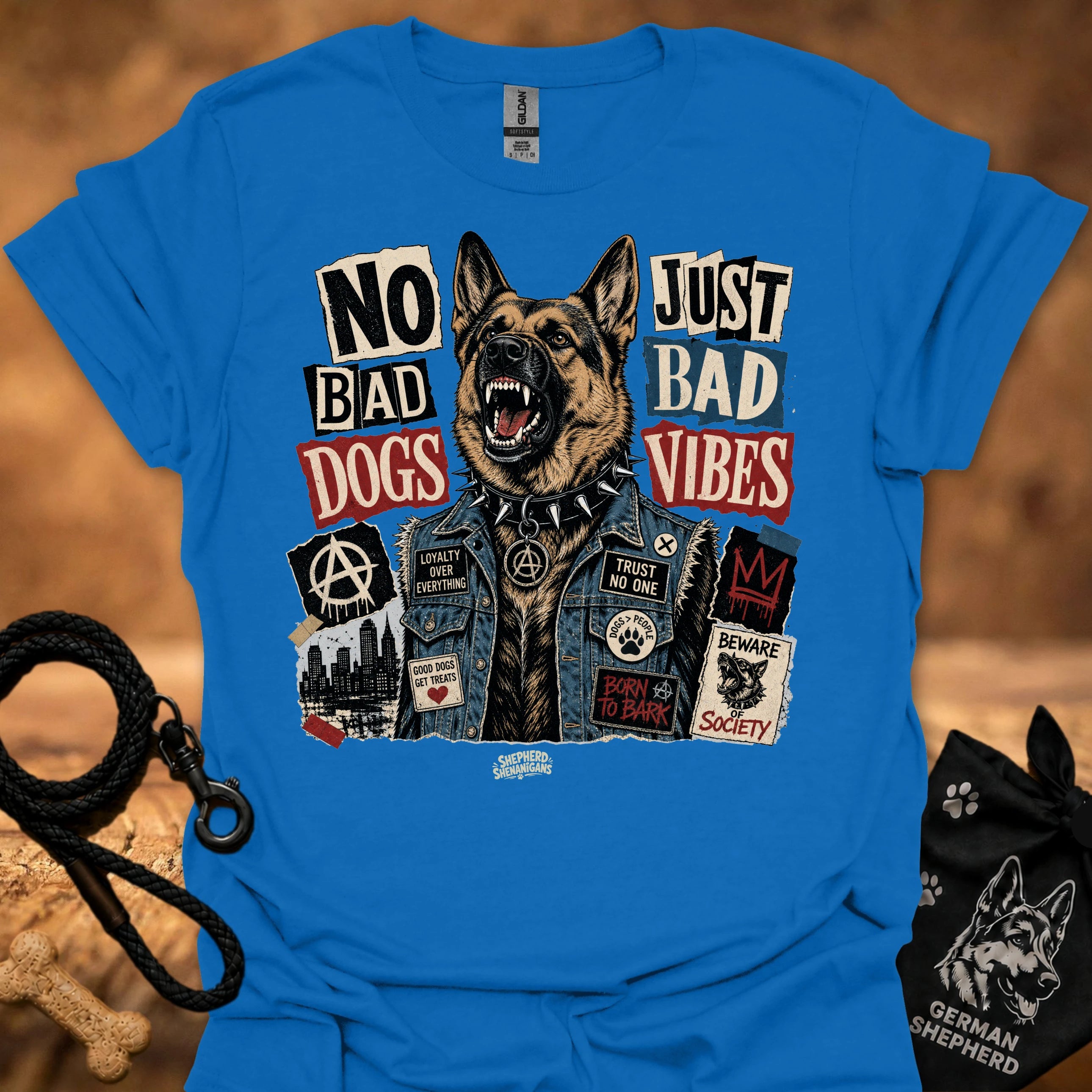 Royal blue graphic t-shirt with German shepherd and text 'No Bad Dogs, Just Bad Vibes'.