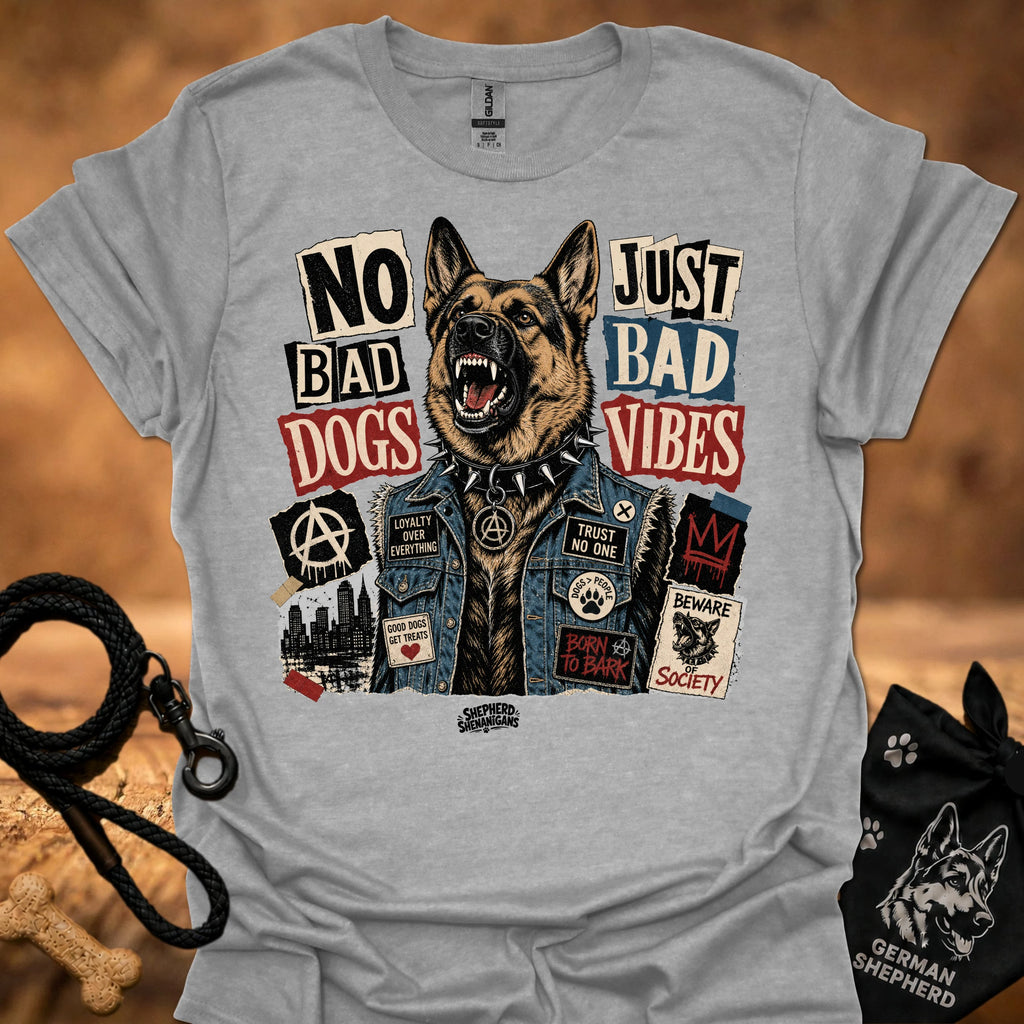 Sport gray graphic t-shirt with German shepherd and text 'No Bad Dogs, Just Bad Vibes'.