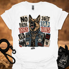 White graphic t-shirt with German shepherd and text 'No Bad Dogs, Just Bad Vibes'.