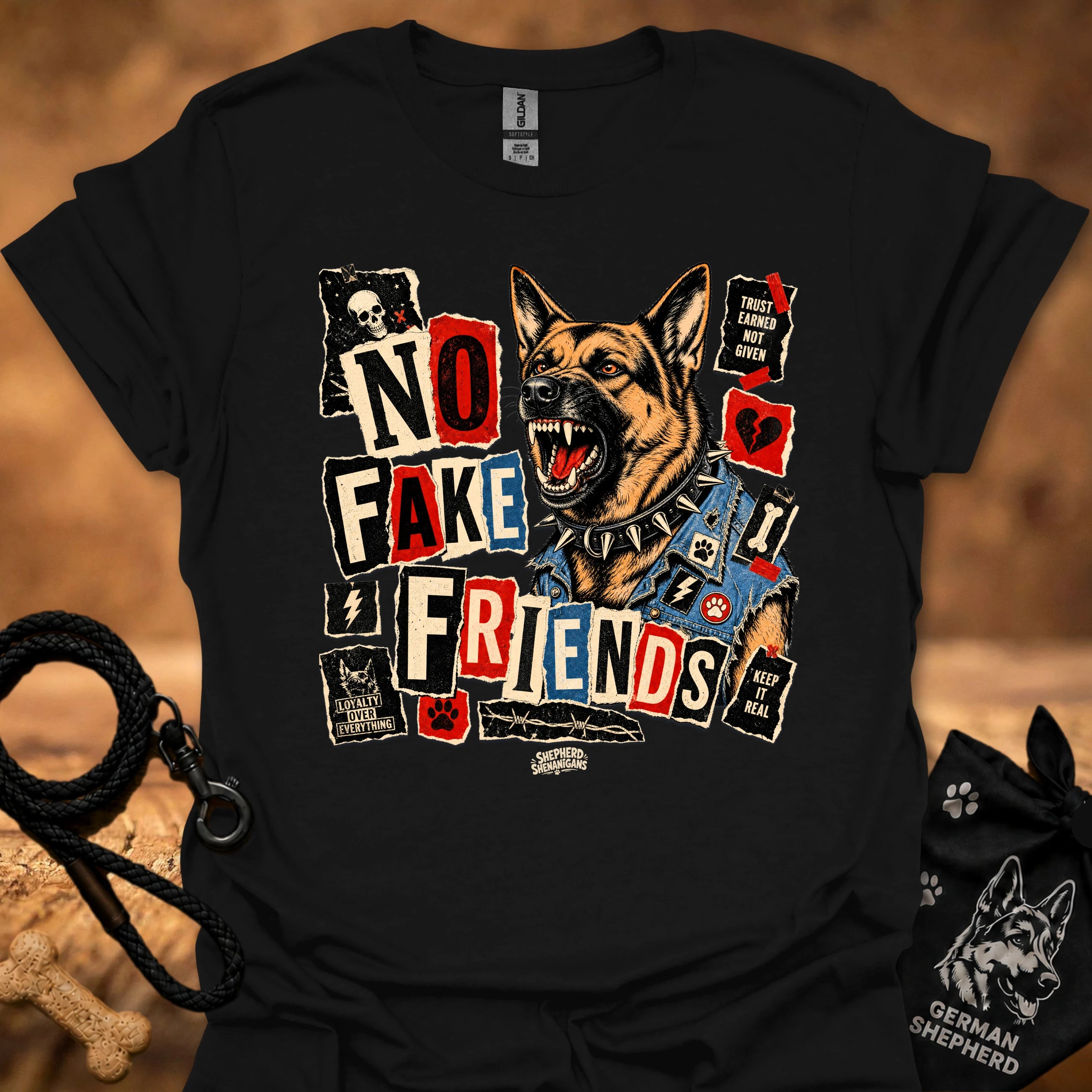 Black crew-neck t-shirt with German shepherd face and colorful collage graphic print