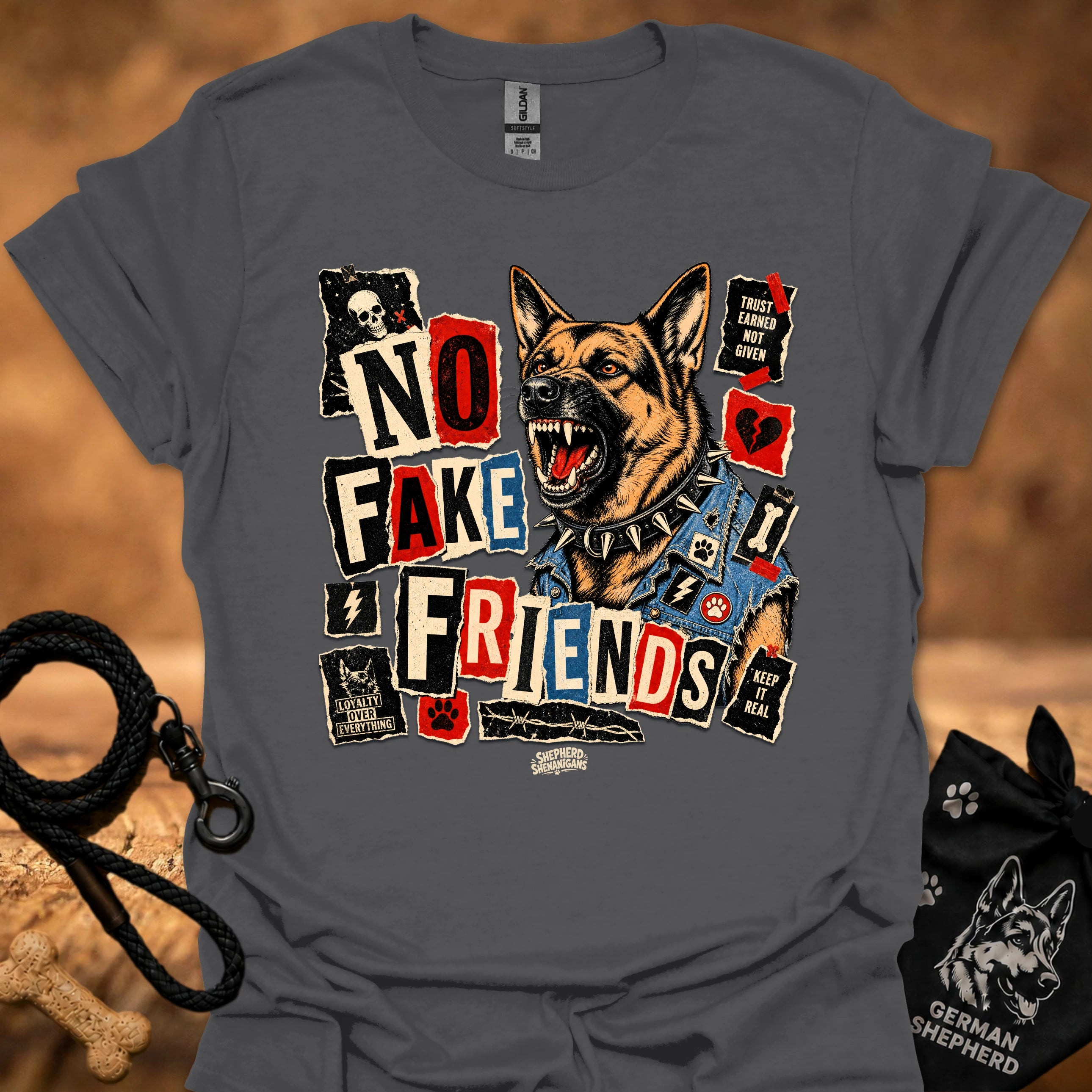 Charcoal crew-neck t-shirt with German shepherd and colorful collage graphic print