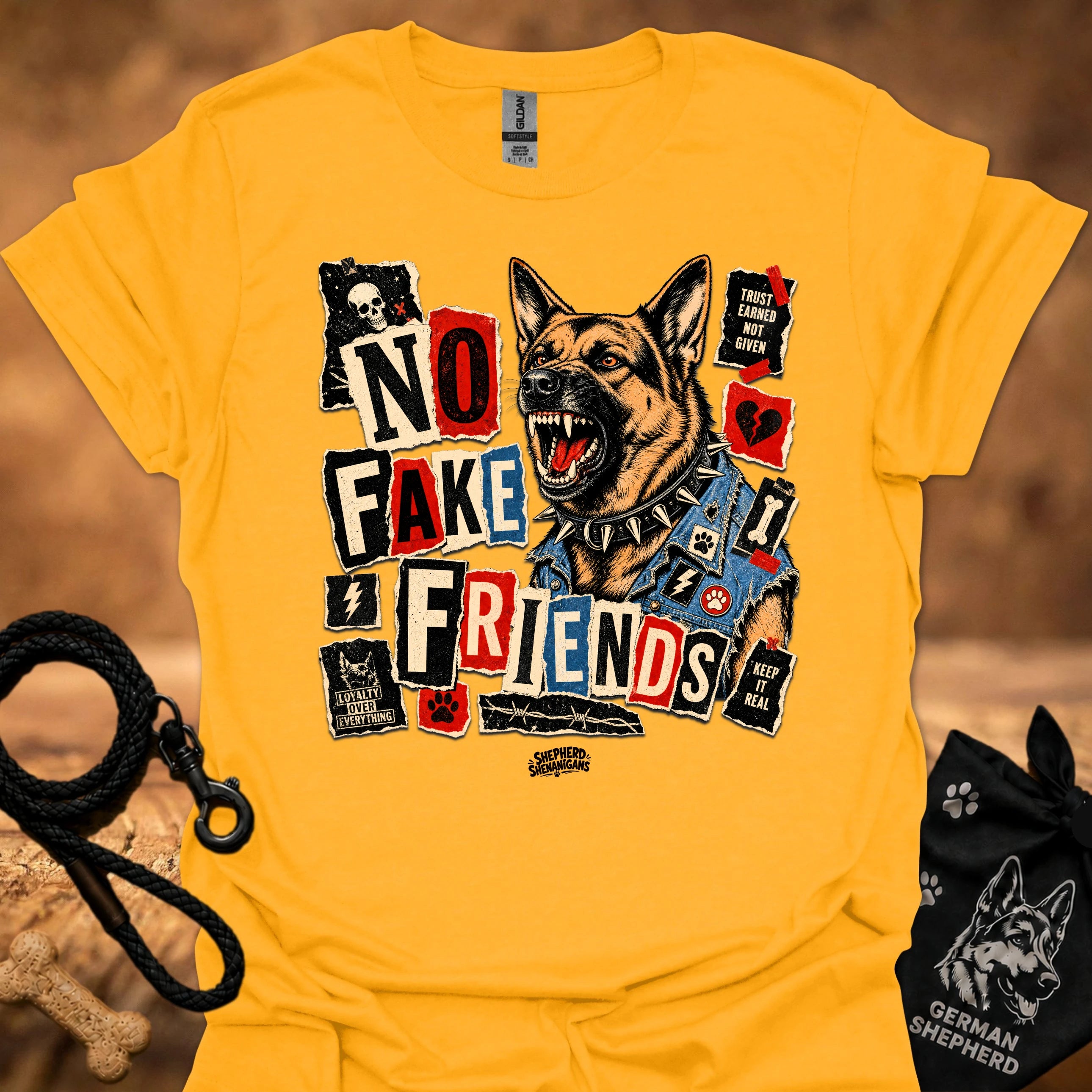 Gold crew-neck t-shirt with German shepherd face and colorful collage graphic print