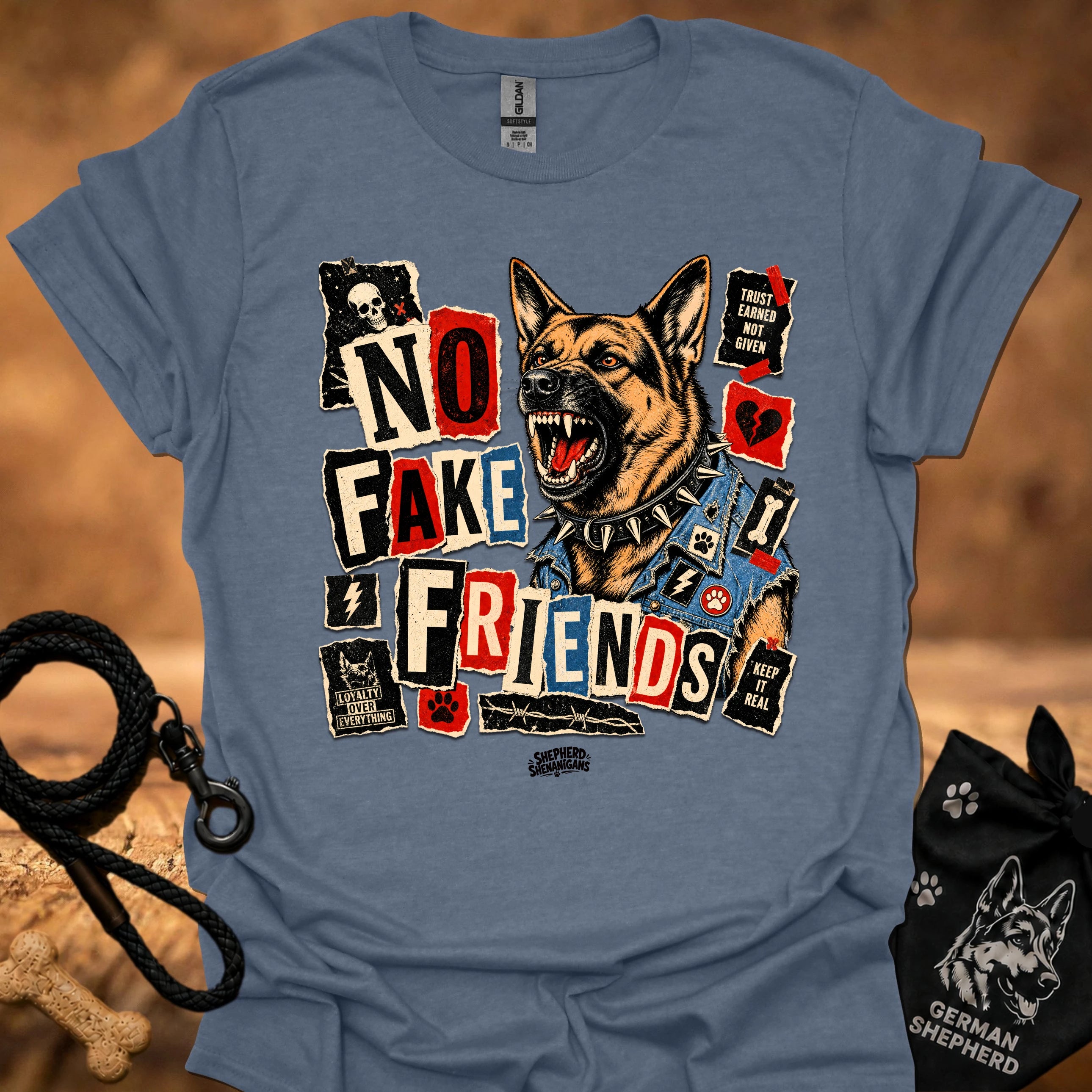 Powder blue crew-neck t-shirt with German shepherd and colorful collage graphic print