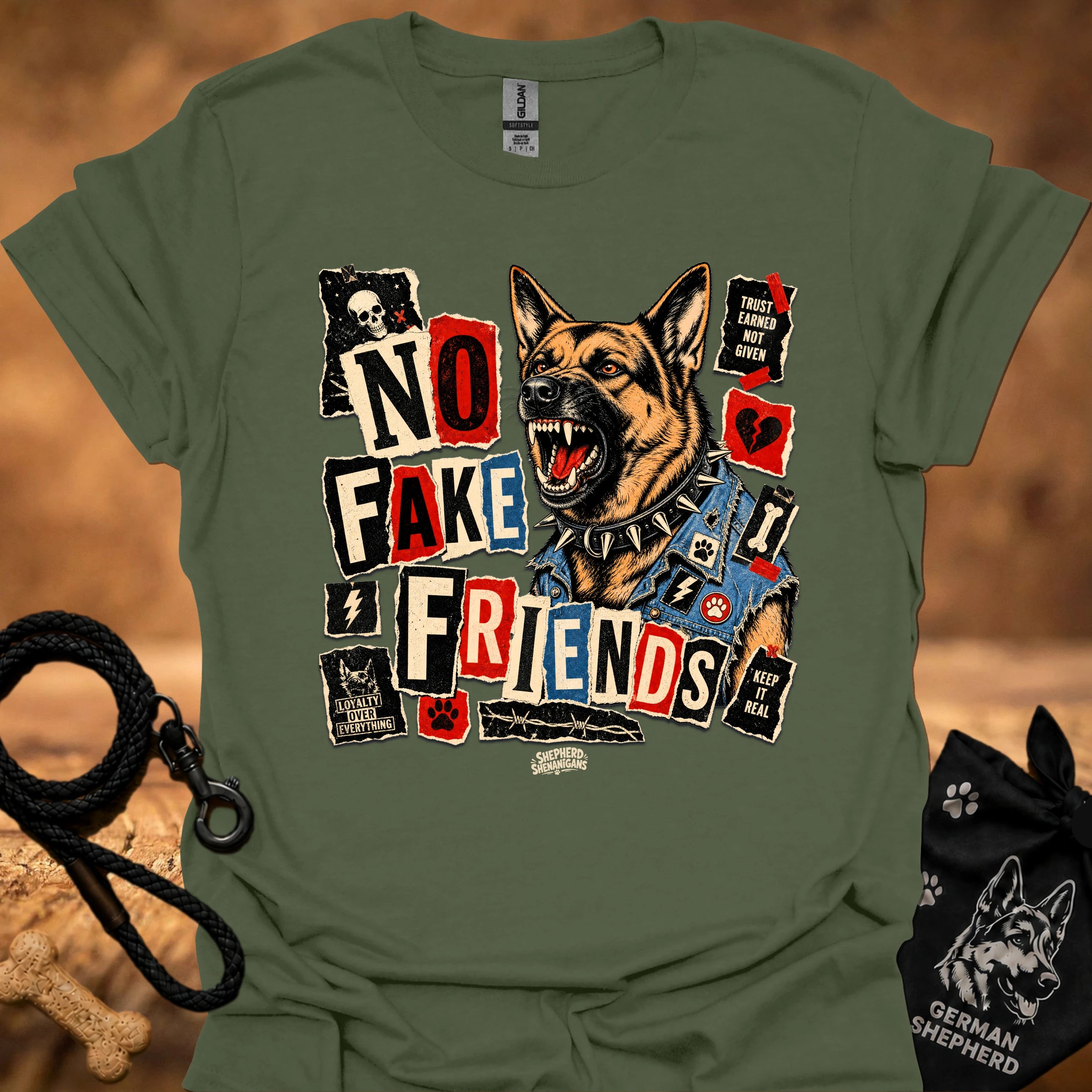 Military green crew-neck t-shirt with German shepherd and colorful collage graphic print