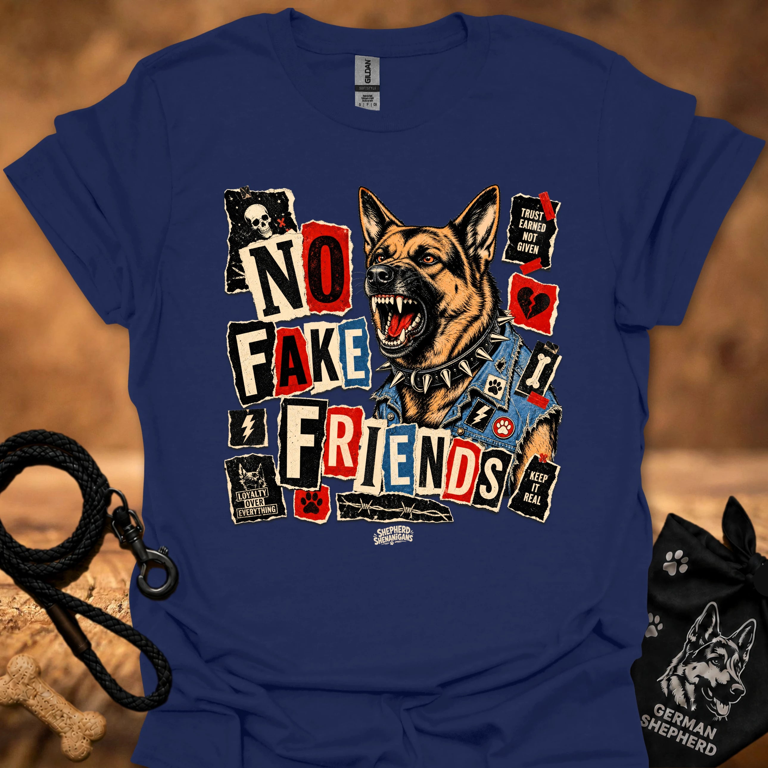 Royal blue crew-neck t-shirt with German shepherd face and sticker-style graphic print