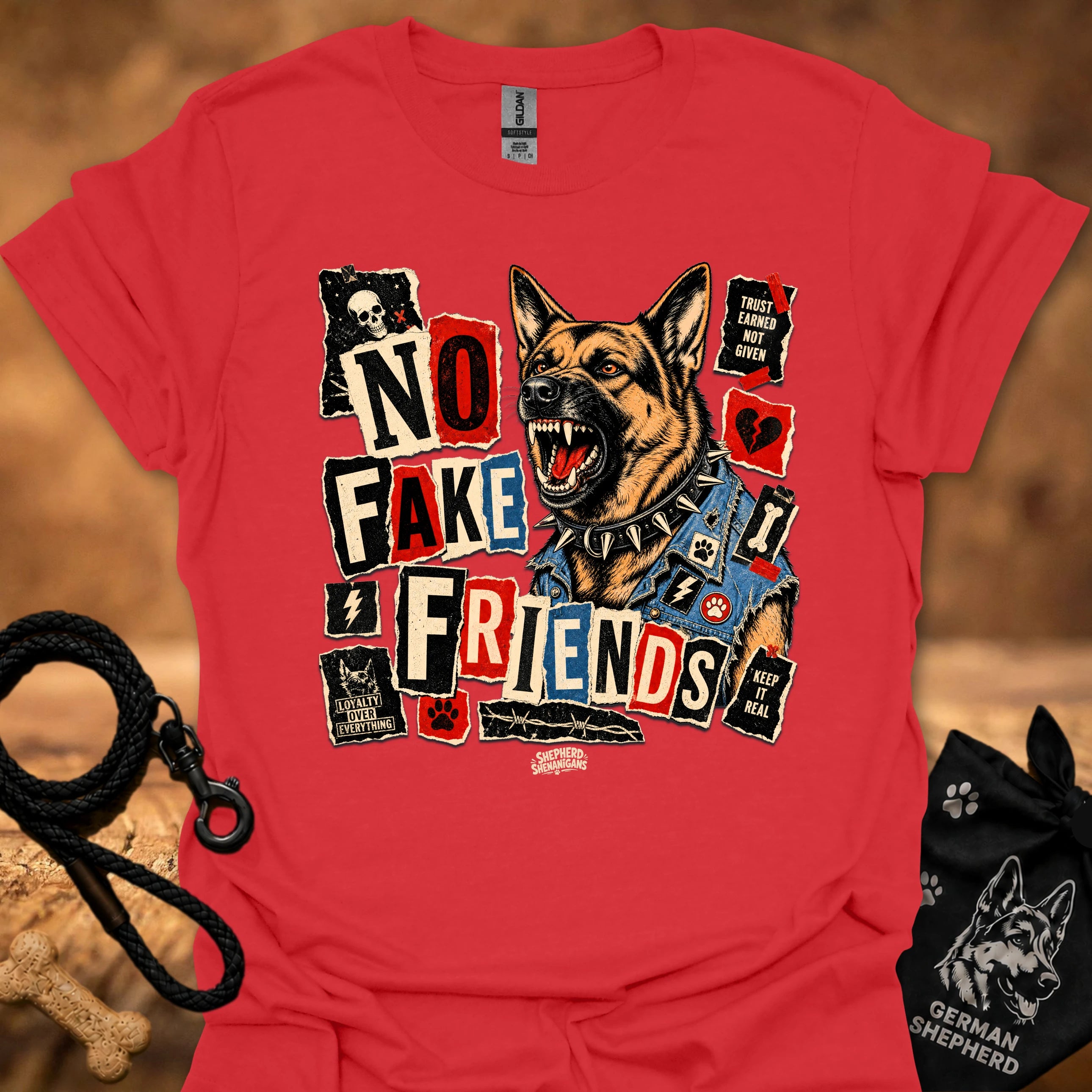 Red crew-neck t-shirt with German shepherd and colorful collage graphic print