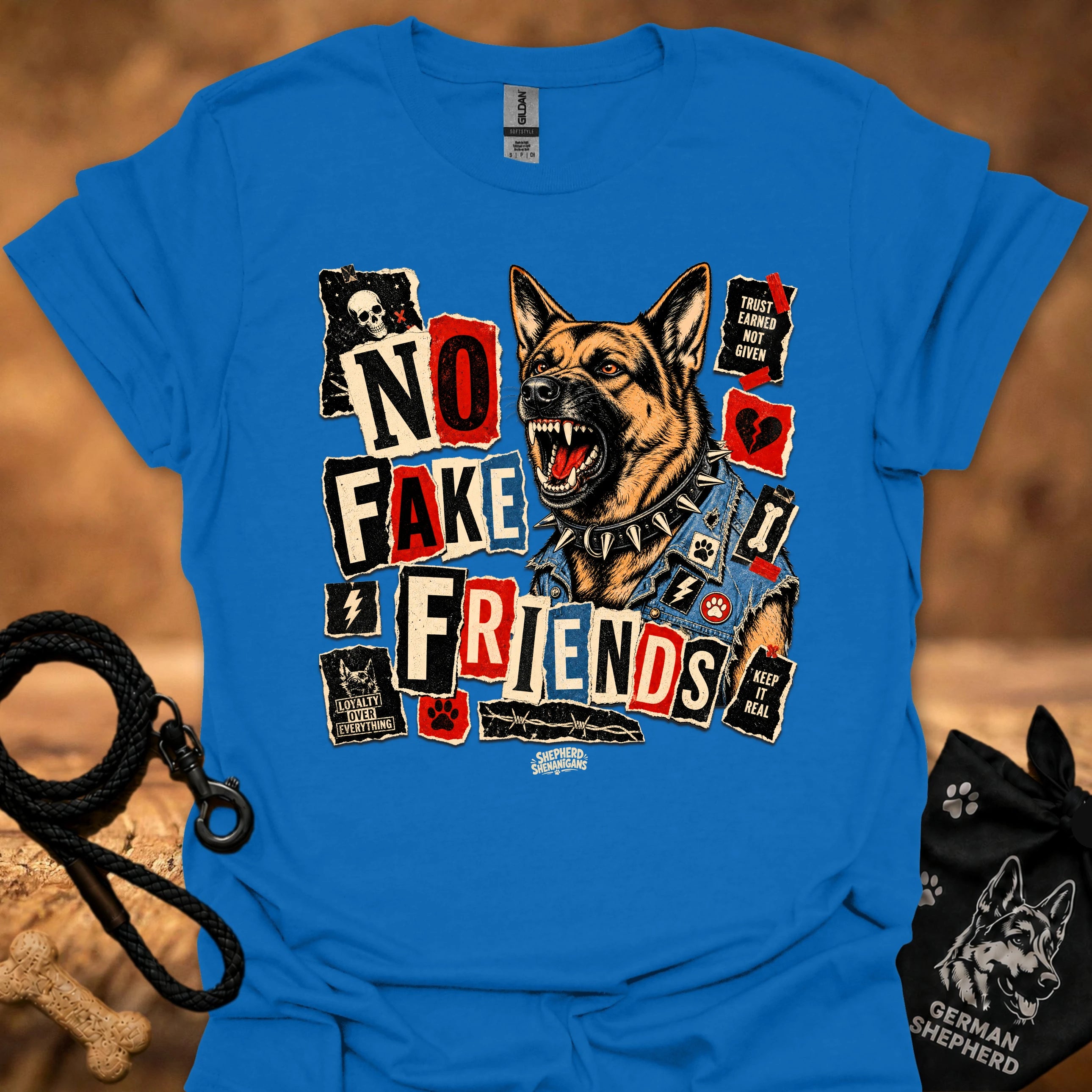 Royal blue crew-neck t-shirt with bold block typography and German shepherd graphic