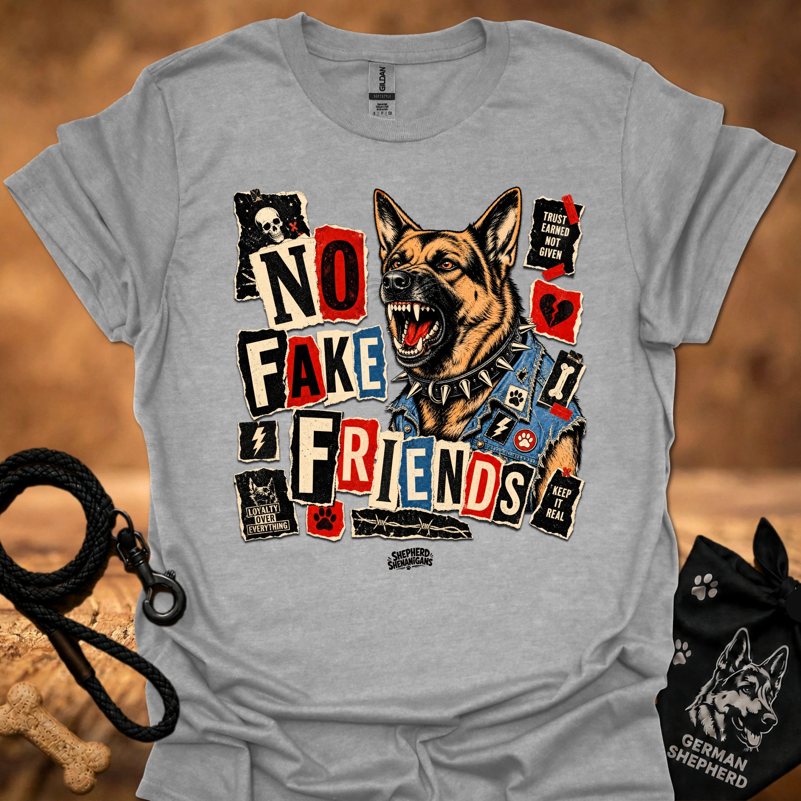 Heather gray crew-neck t-shirt with German shepherd and colorful collage graphic print