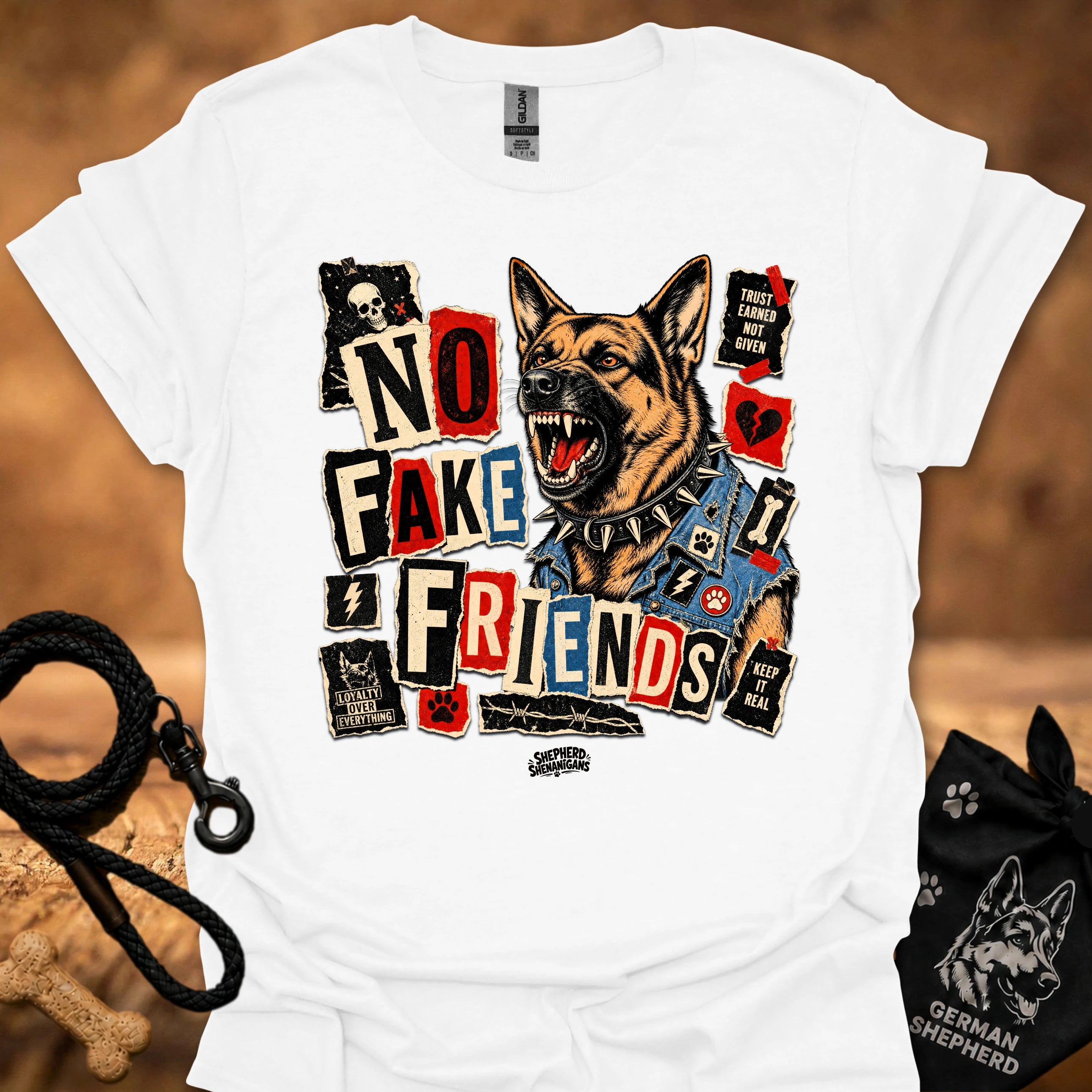 White crew-neck t-shirt with German shepherd and colorful collage graphic print