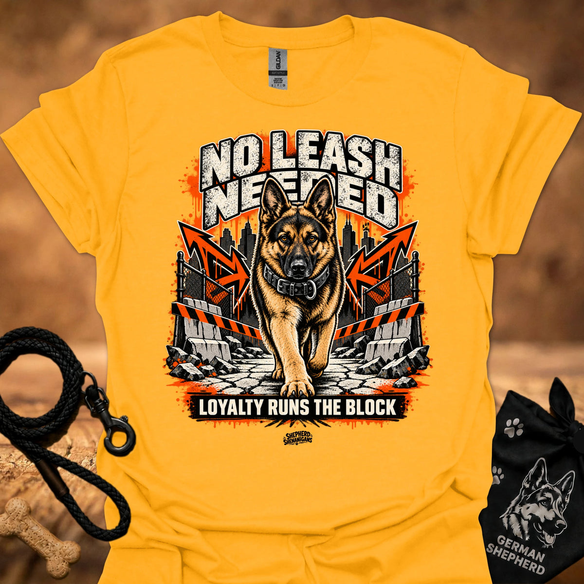 Gold dog graphic T-shirt with bold front print and crew neck