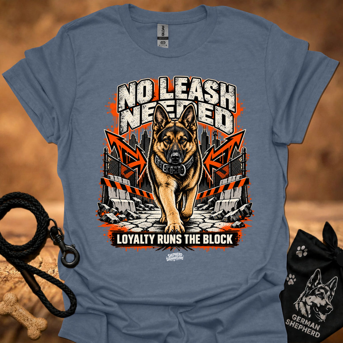 Blue-gray dog graphic T-shirt with bold front print and crew neck
