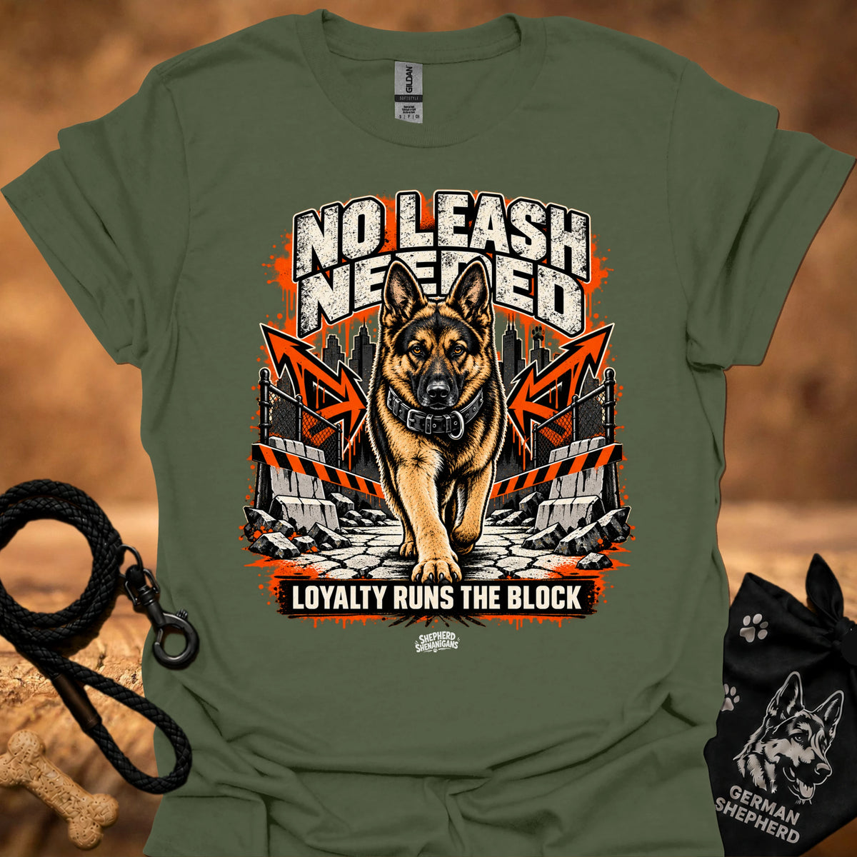 Military green dog graphic T-shirt with bold front print and crew neck