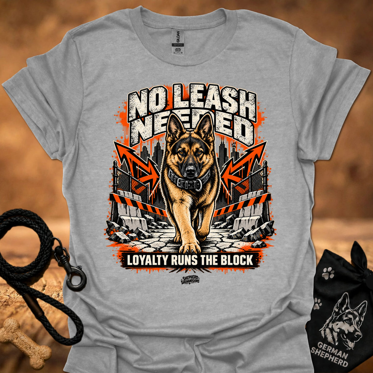 Light gray dog graphic T-shirt with bold front print and crew neck