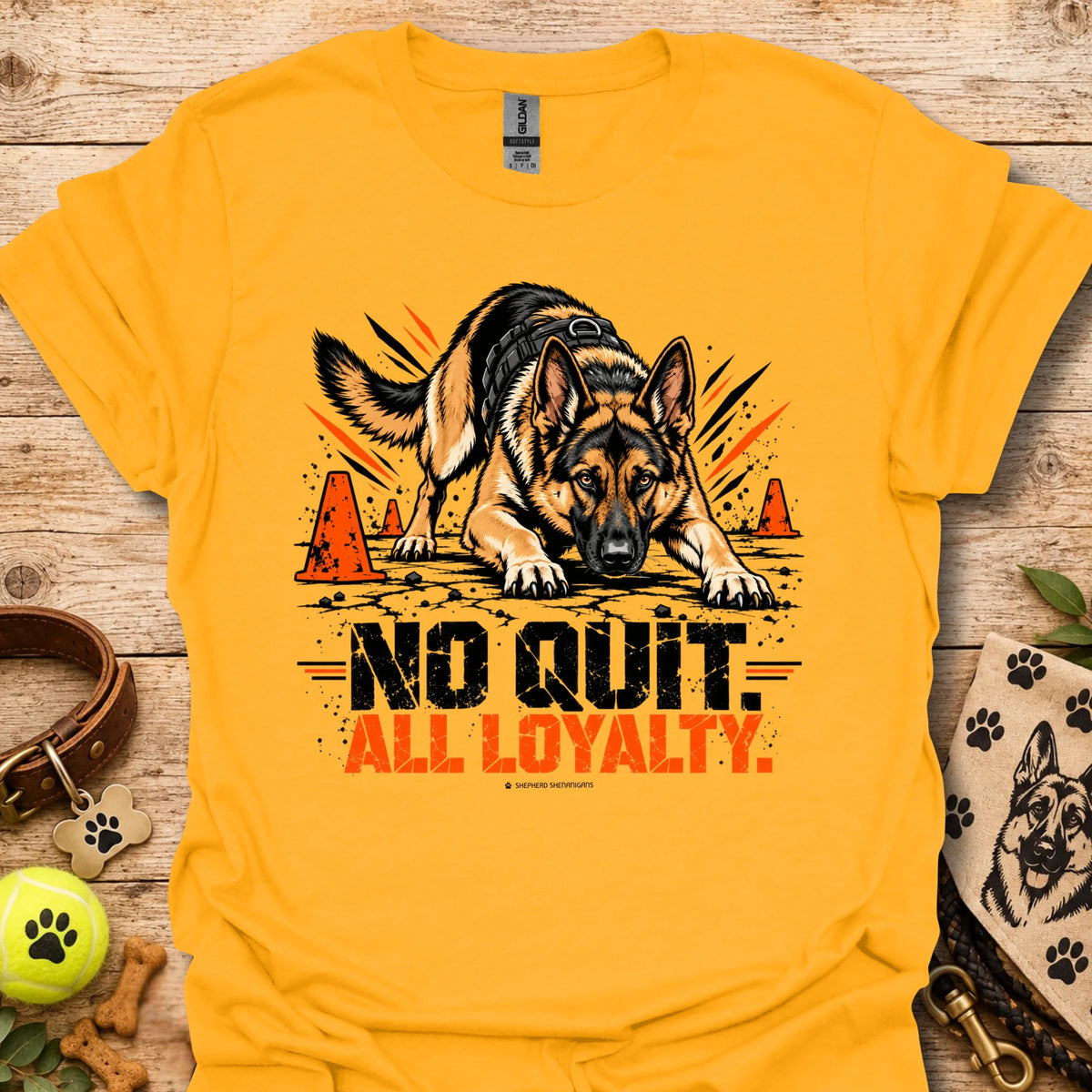 Gold T-shirt featuring two German shepherds and 'ALL LOYALTY' printed across the chest