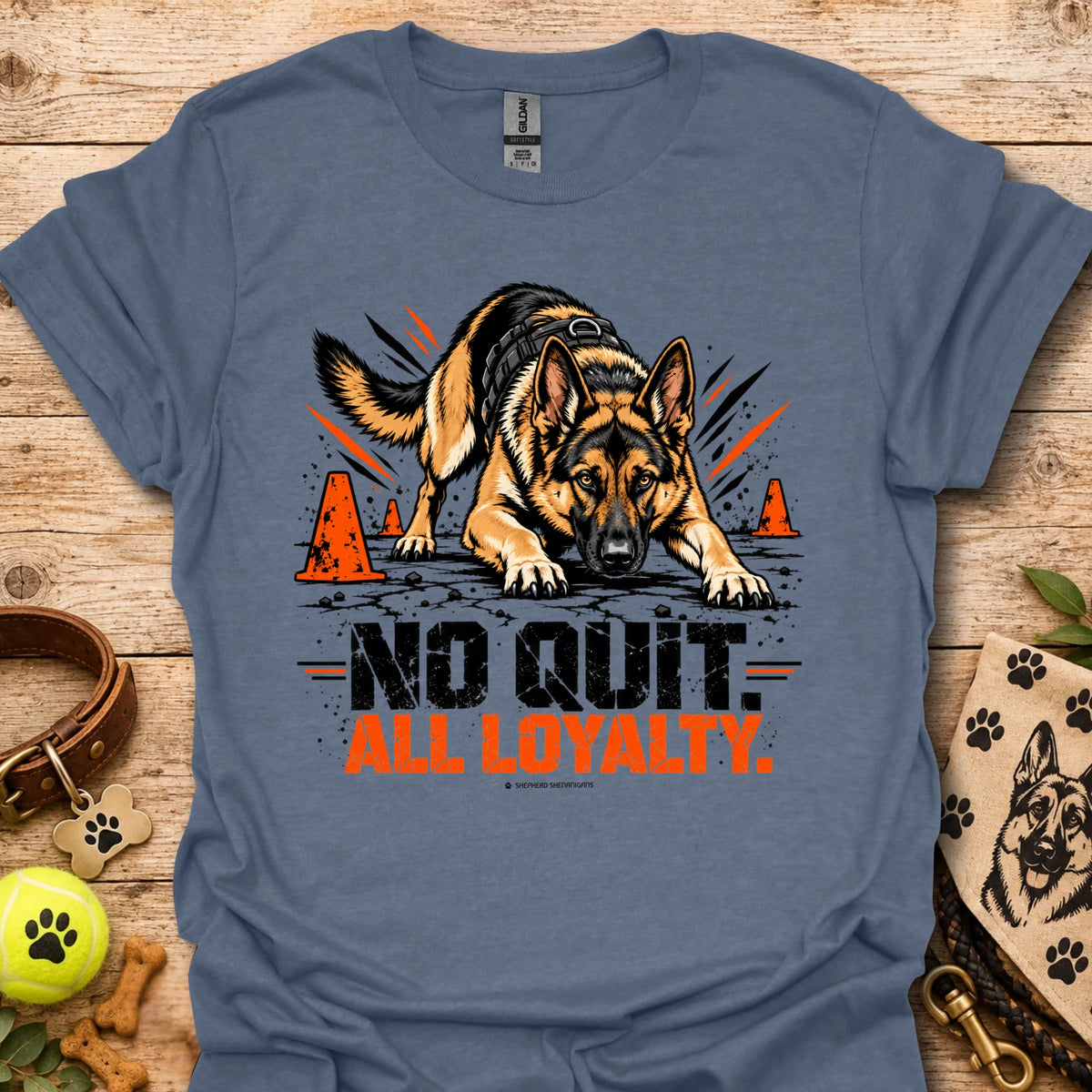 Heather indigo T-shirt with two German shepherd graphic and 'ALL LOYALTY' printed design