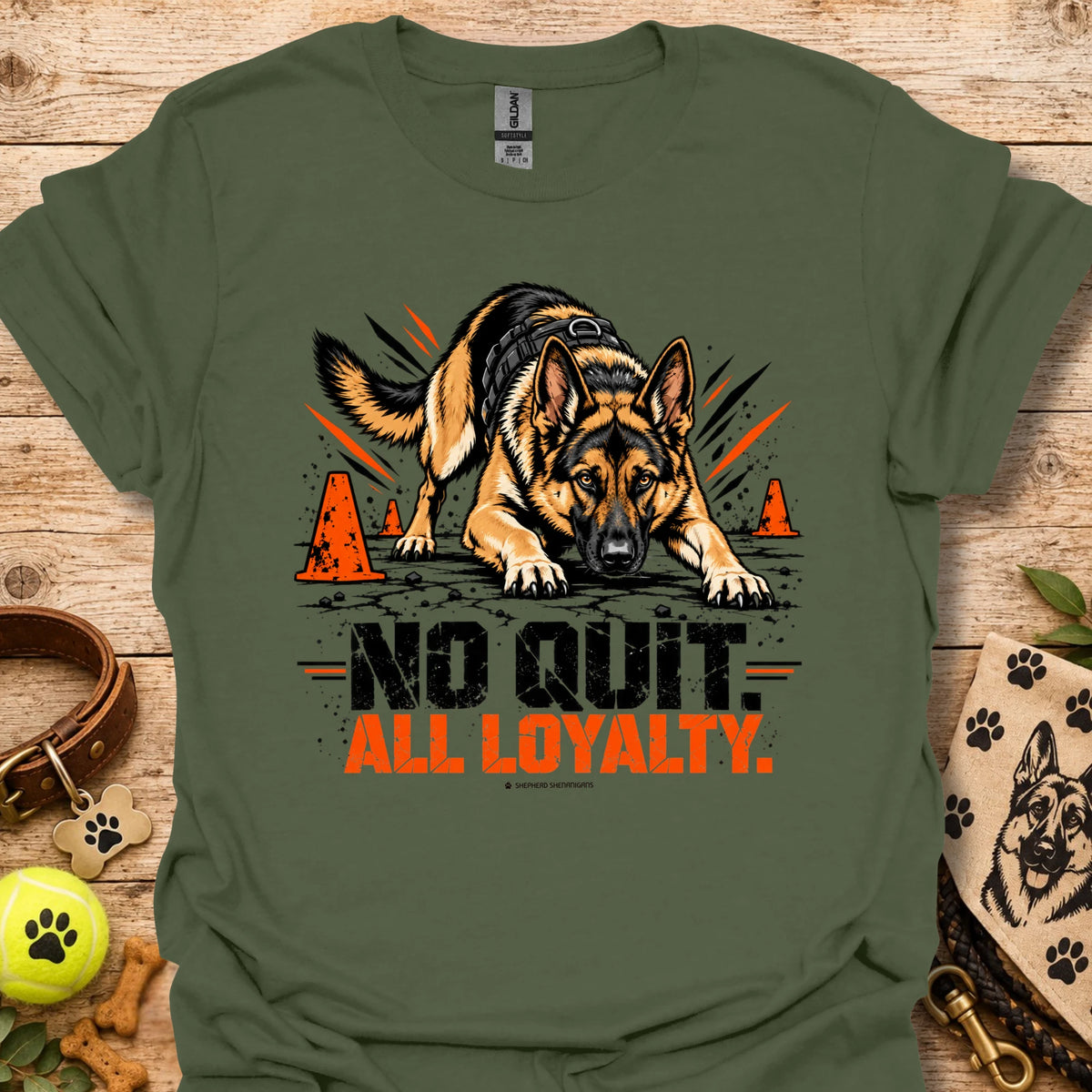 Military green T-shirt with two German shepherd graphic and 'ALL LOYALTY' front text