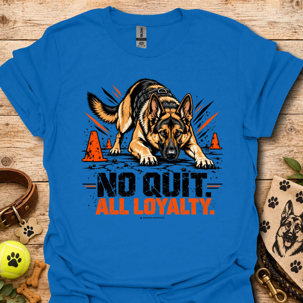 Royal blue T-shirt with two German shepherds and 'ALL LOYALTY' front text