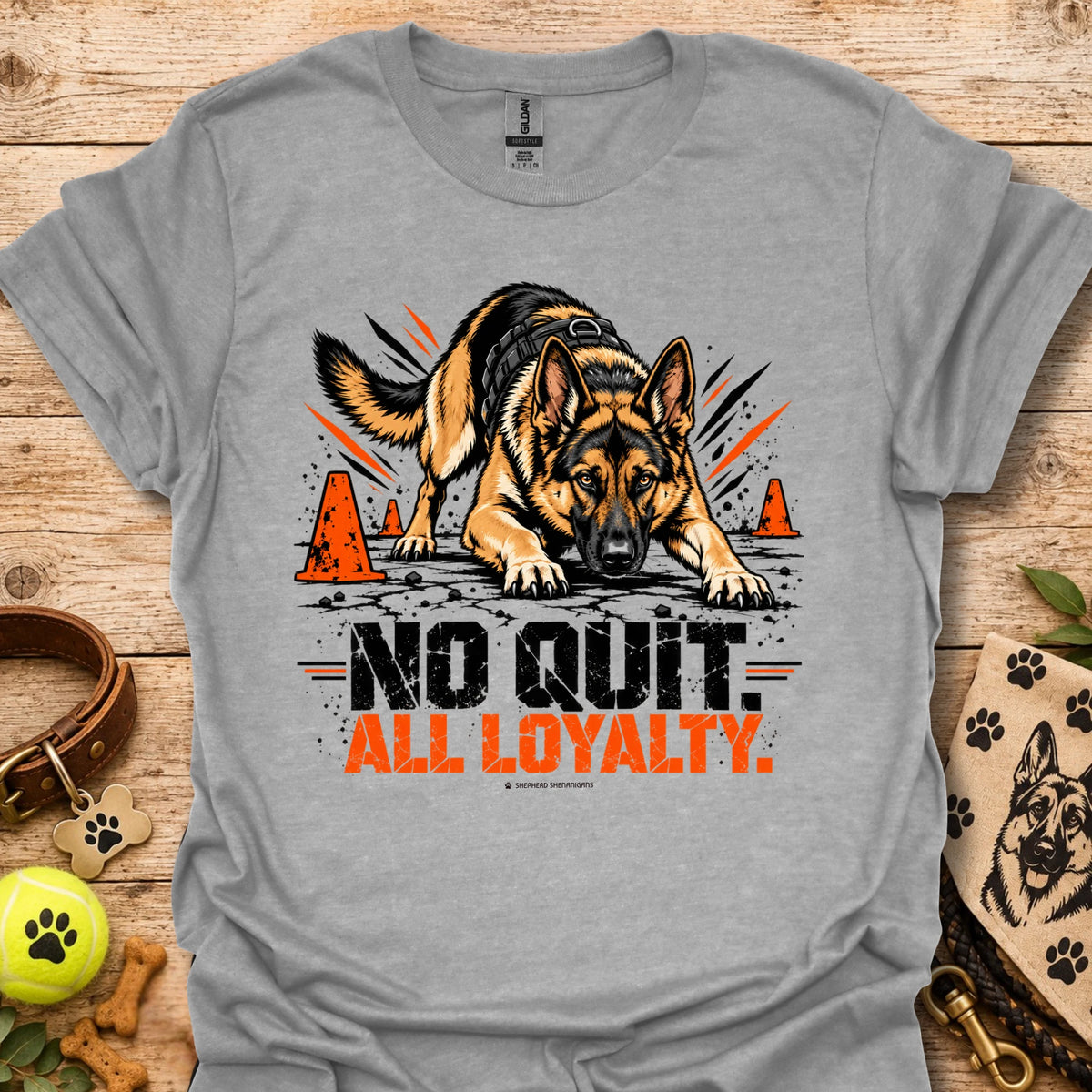 Sport grey T-shirt with two German shepherd graphic and 'ALL LOYALTY' front text