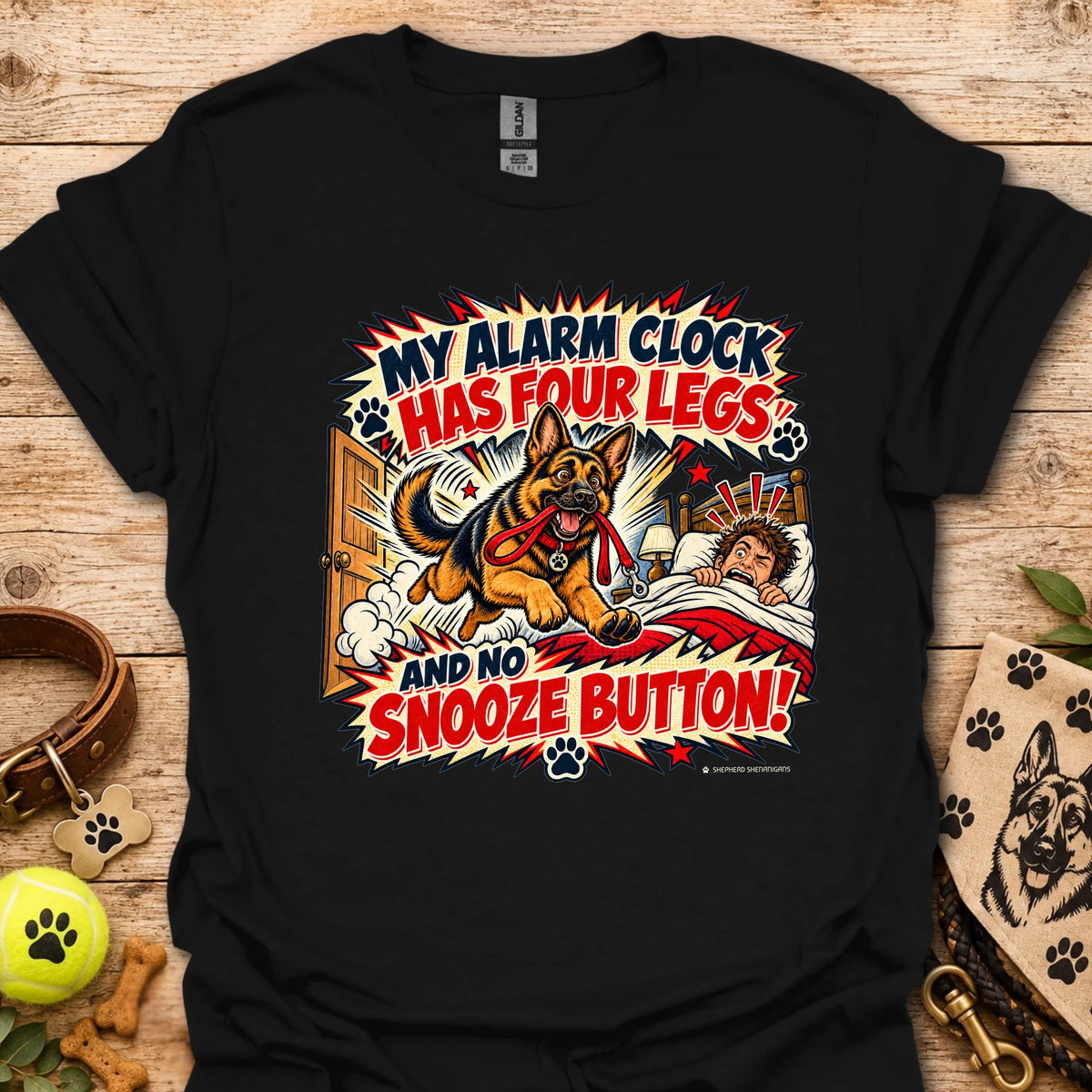 Black crewneck T-shirt with colorful comic dog and alarm clock graphic