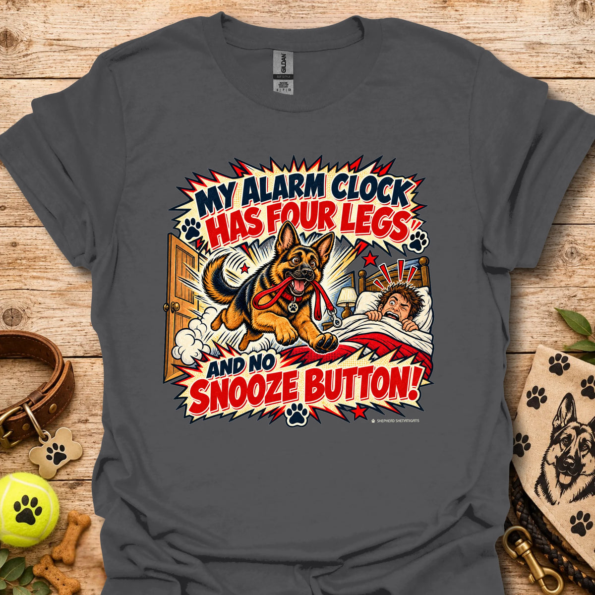 Heather dark gray crewneck T-shirt with colorful comic dog and alarm clock graphic
