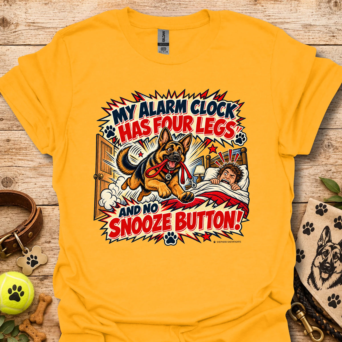 Gold crewneck T-shirt with colorful comic dog and alarm clock graphic