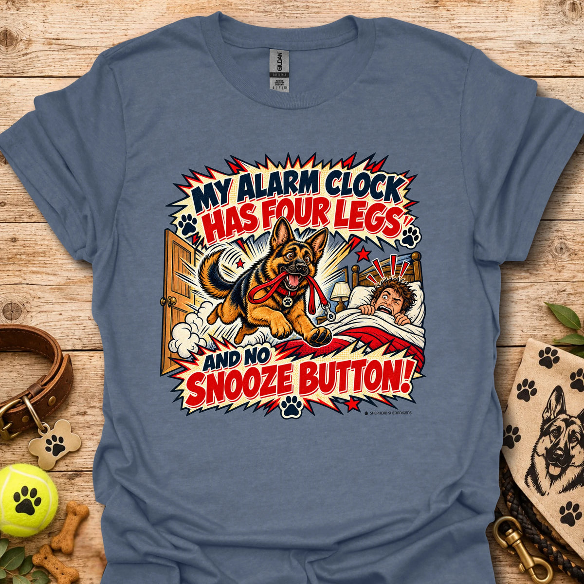Steel blue crewneck T-shirt with colorful comic dog and alarm clock graphic