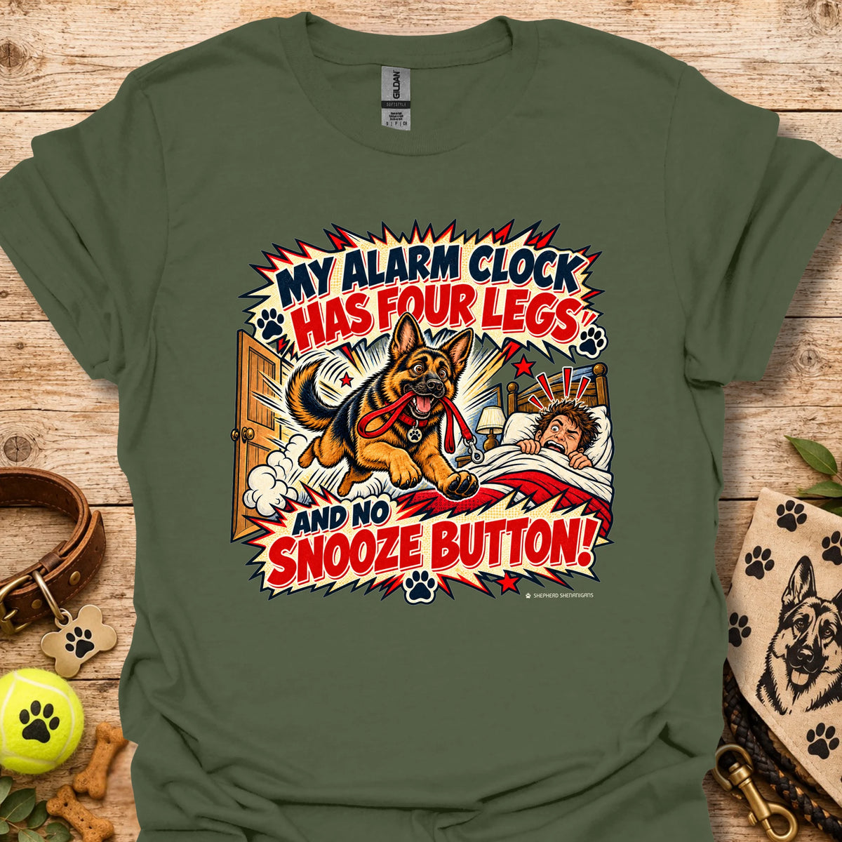 Military green crewneck T-shirt with colorful comic dog and alarm clock graphic