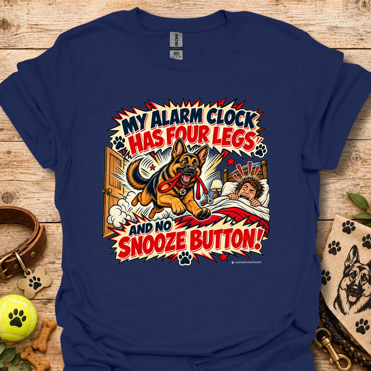 Navy crewneck T-shirt with colorful comic dog and alarm clock graphic