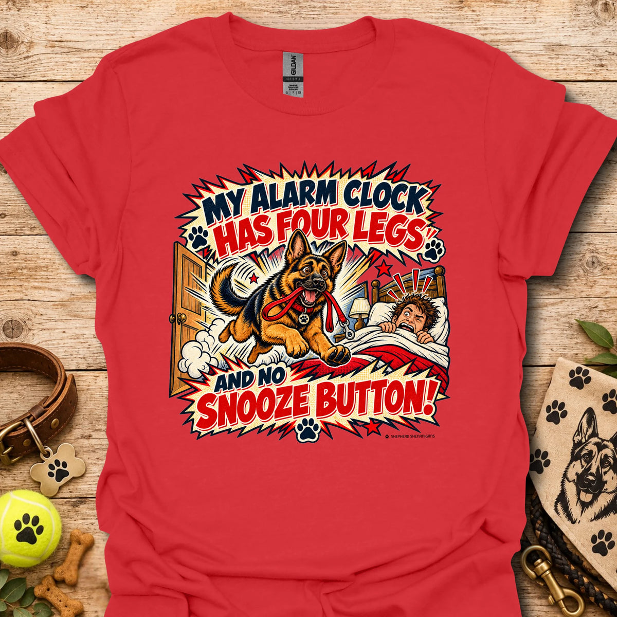 Red crewneck T-shirt with colorful comic dog and alarm clock graphic