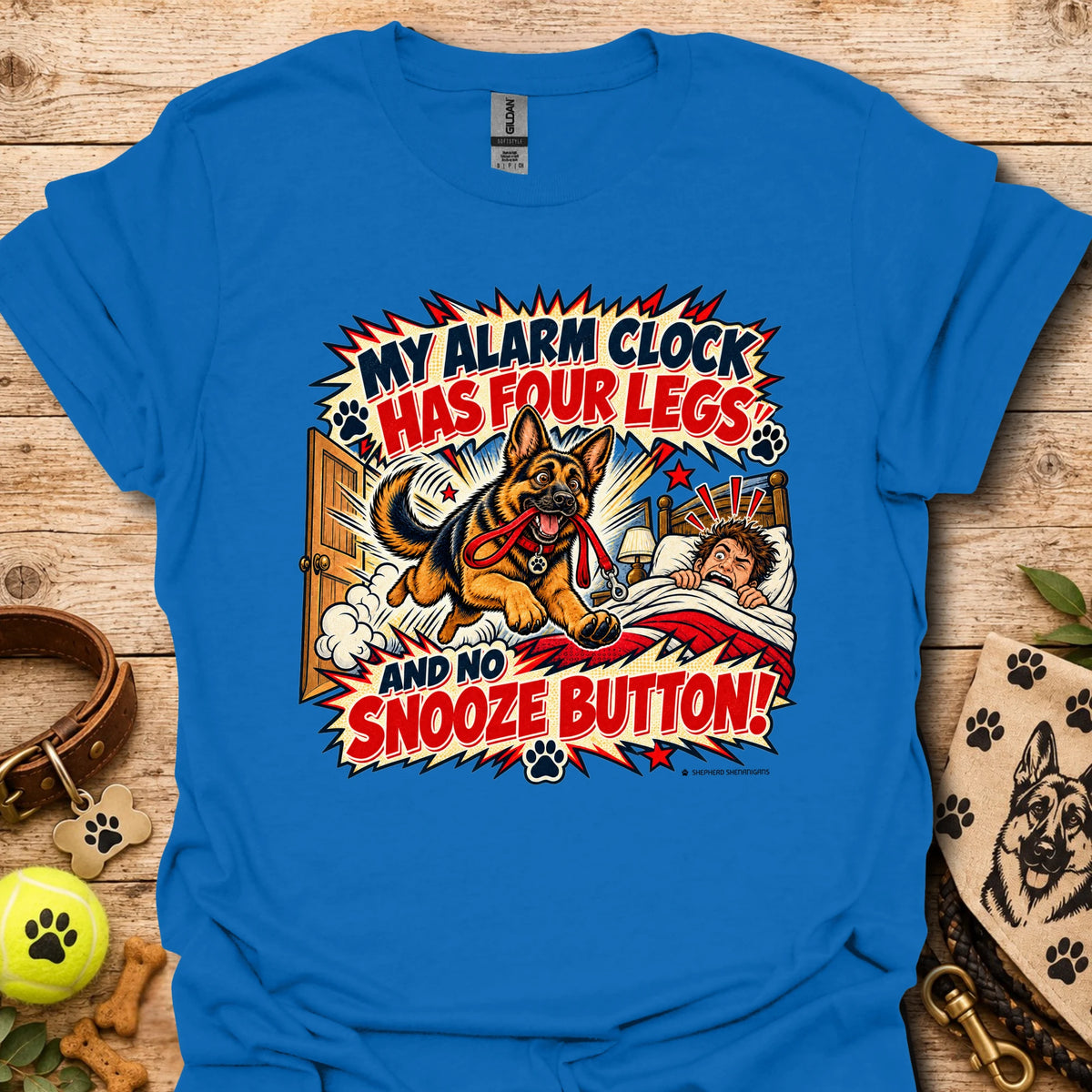 Blue crewneck T-shirt with colorful comic dog and alarm clock graphic