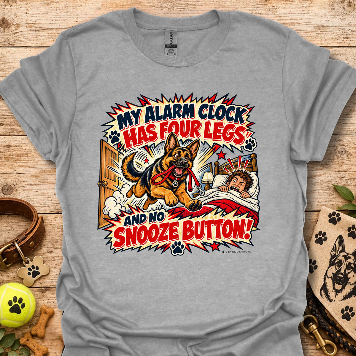 Light gray crewneck T-shirt with colorful comic dog and alarm clock graphic