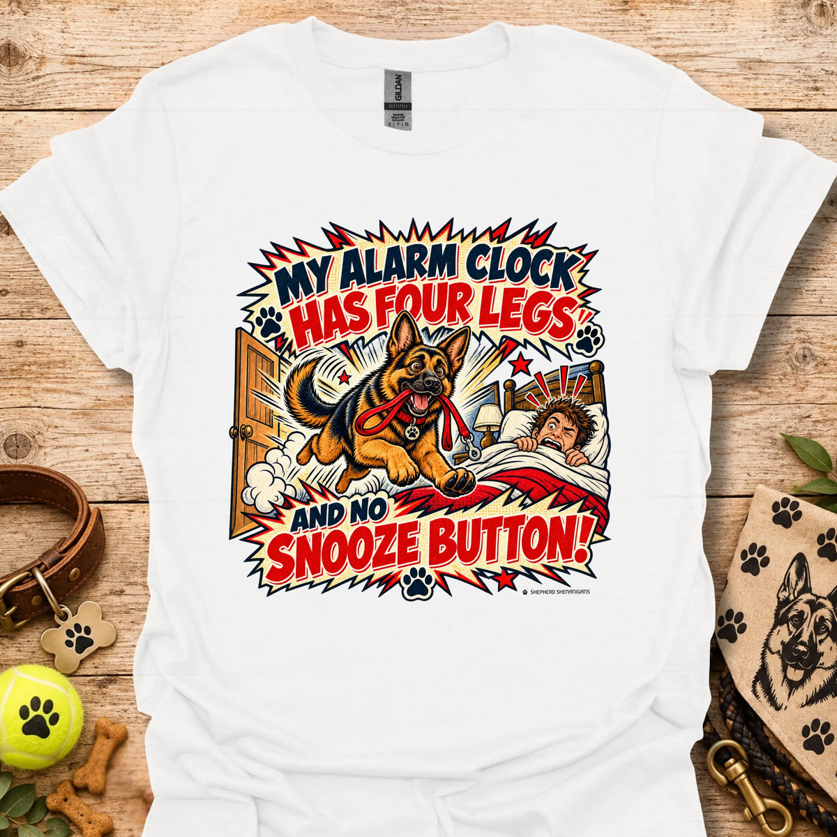 White crewneck T-shirt with colorful comic dog and alarm clock graphic