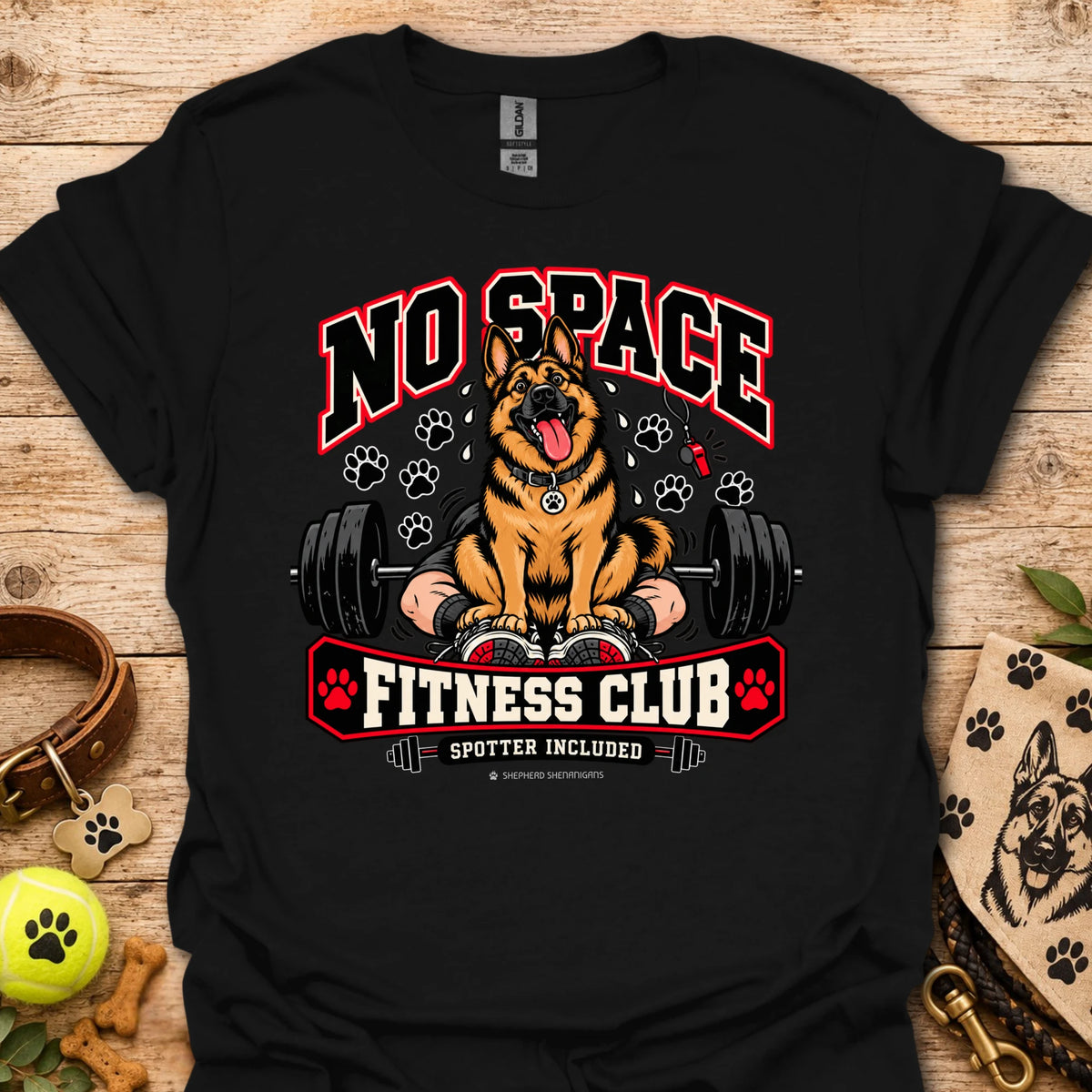 Fitness club dog graphic T-shirt in black, front print with “No Space” and dumbbells