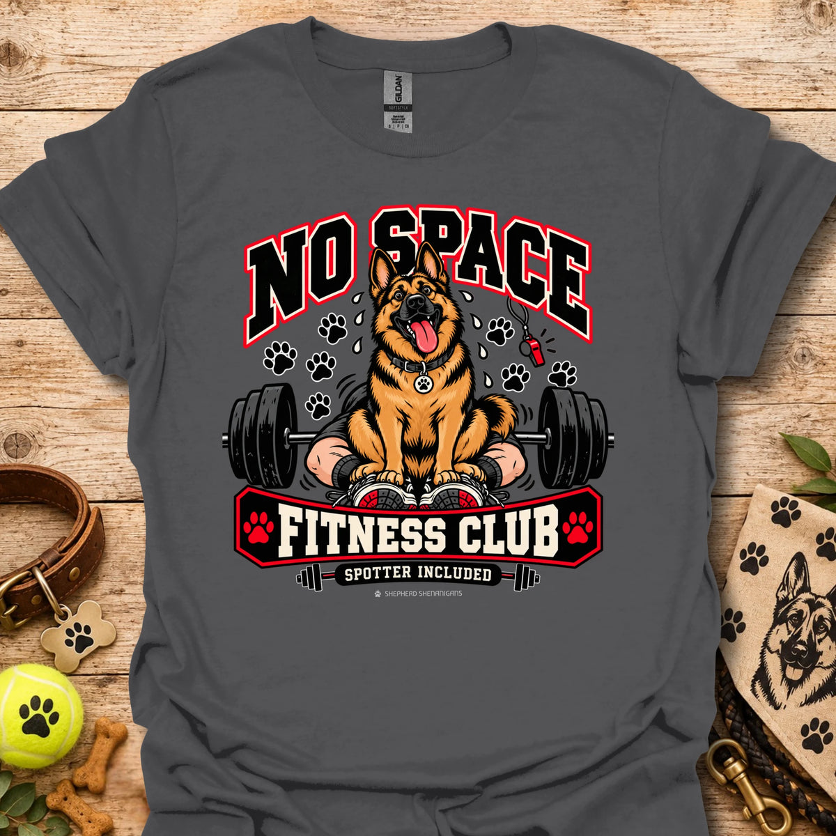 Fitness club dog graphic T-shirt in charcoal, front print with “No Space” and dumbbells