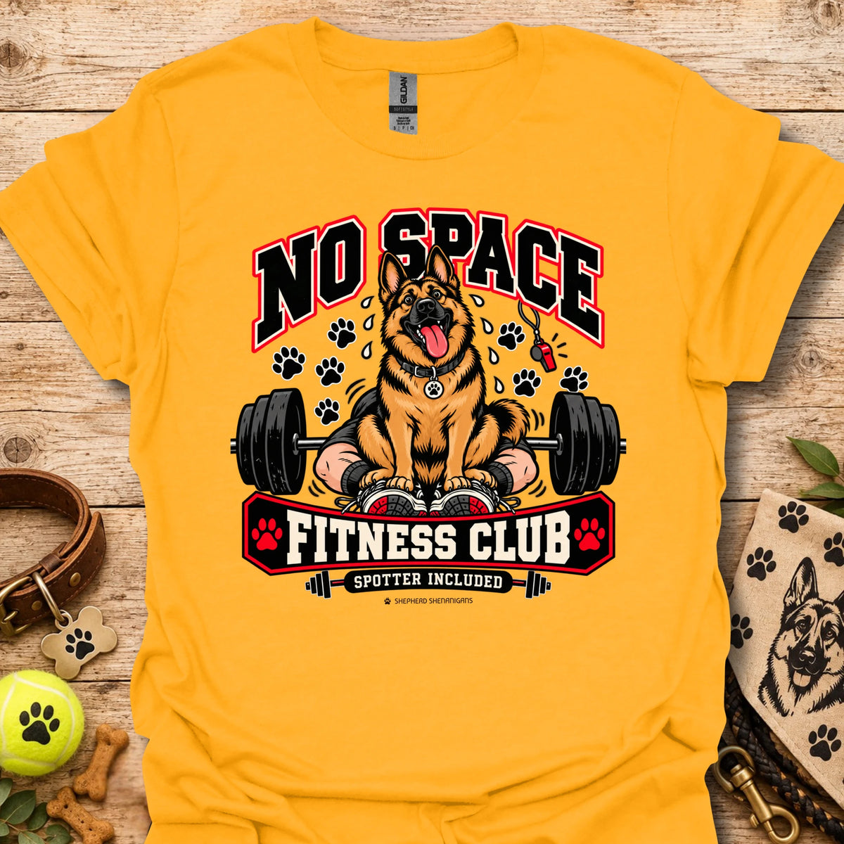 Fitness club dog graphic T-shirt in gold, front print with “No Space” and dumbbells